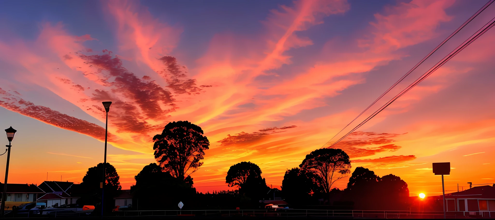 sunset over a residential area with a street light and a street light, orange skies, orange and red sky, sky is orangish outside, Orange sky, Orange / Pink sky, blinding red orange sky, stunning skies, orange skies, sky setting, Sunset sky, orange clouds, sunset red and orange, stunning skies, orange dawn, the glimmering orange dawn