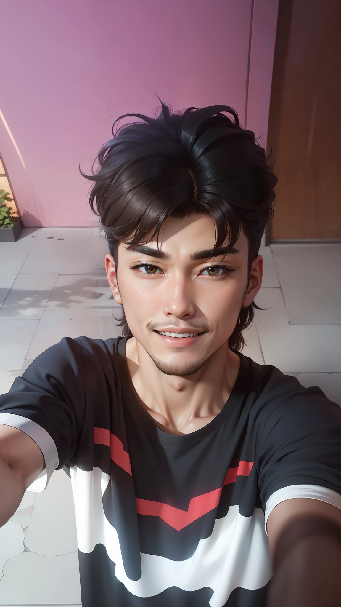 Best quality, ultra high resolution, ultra-detailed, style-empire, realistic, cinematic. A handsome korean man, thick eyebrows, gazing eyes, brown skin, shiny skin, black hair. He is wearing a denim jacket, white shirt inside, and denim jeans. He is at the garden, with lots of flowers. Half portrait, medium length close-up shot. He is smiling with teeth.