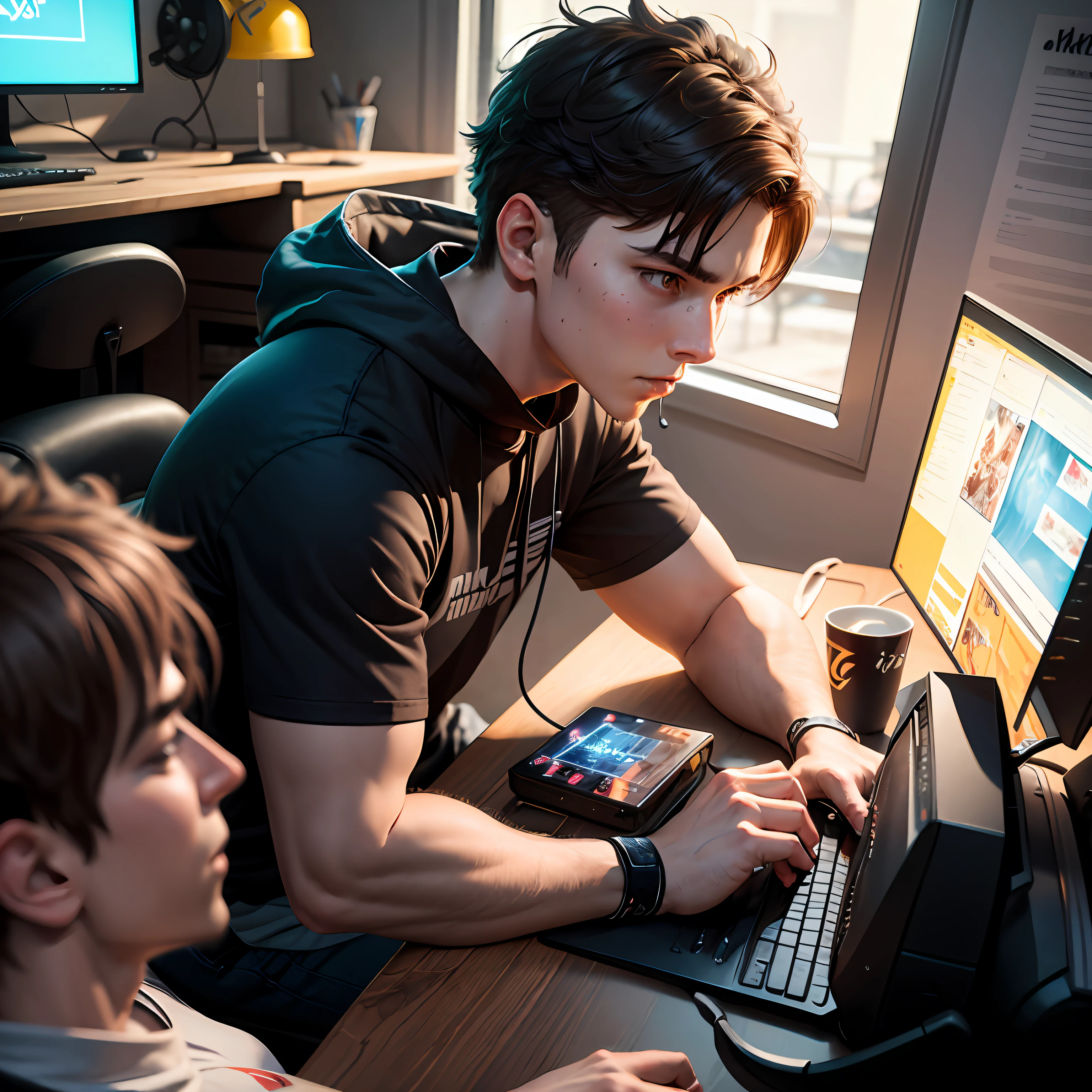 Unpretentious esports boys Characters playing games at table with their backs to the screen Close-up --auto