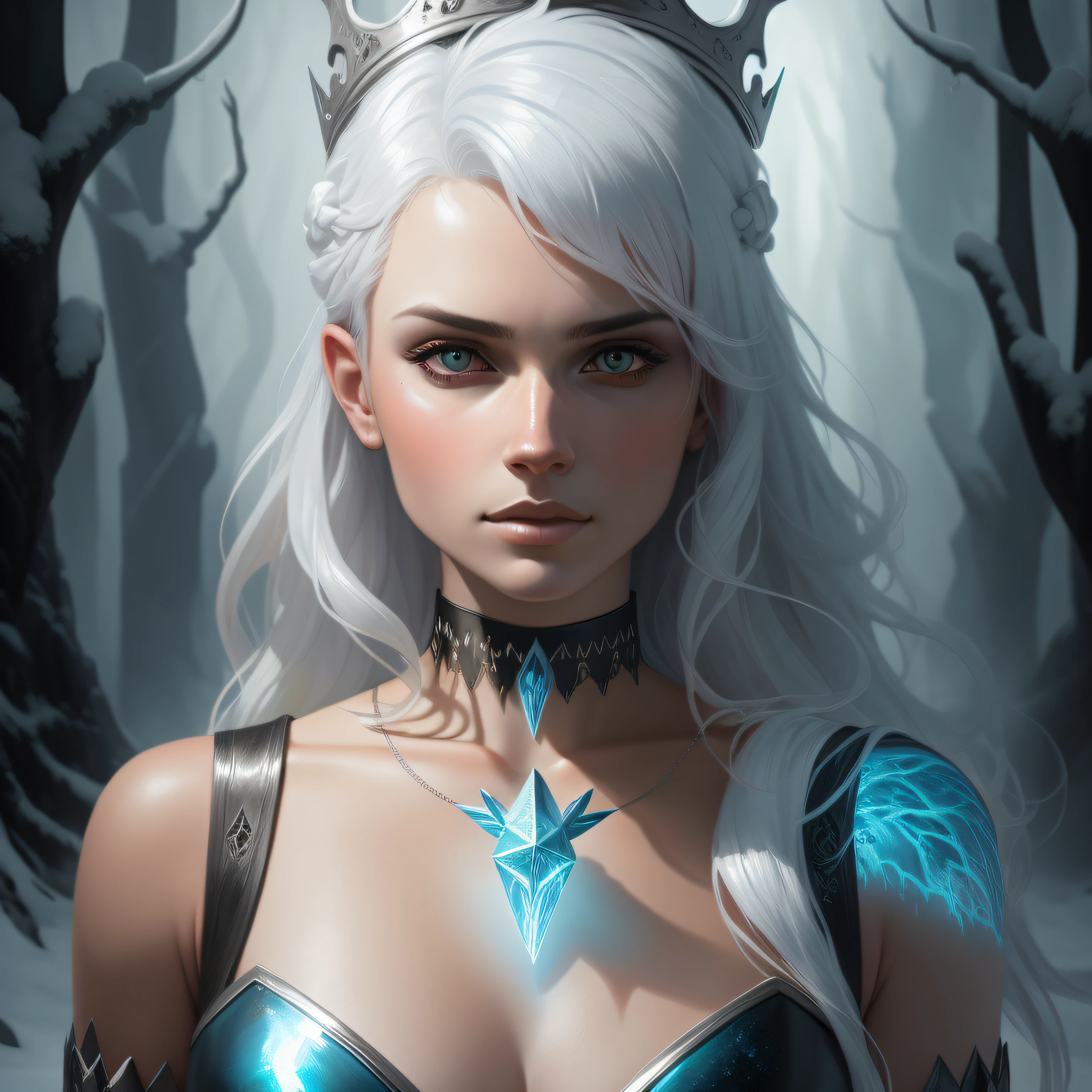 Woman with platinum hair, in a dress of ice flowers, a beautiful crown on her head, detailed face, detailed skin, front, background frozen forest, cover, unzoom, choker, hyperdetailed painting, luminism, Bar lighting, complex, 4k resolution concept art portrait by Greg Rutkowski, Artgerm, WLOP, Alphonse Mucha, little fusion pojatti realistic goth, fractal isometrics details bioluminescens : a stunning realistic photograph 30 years