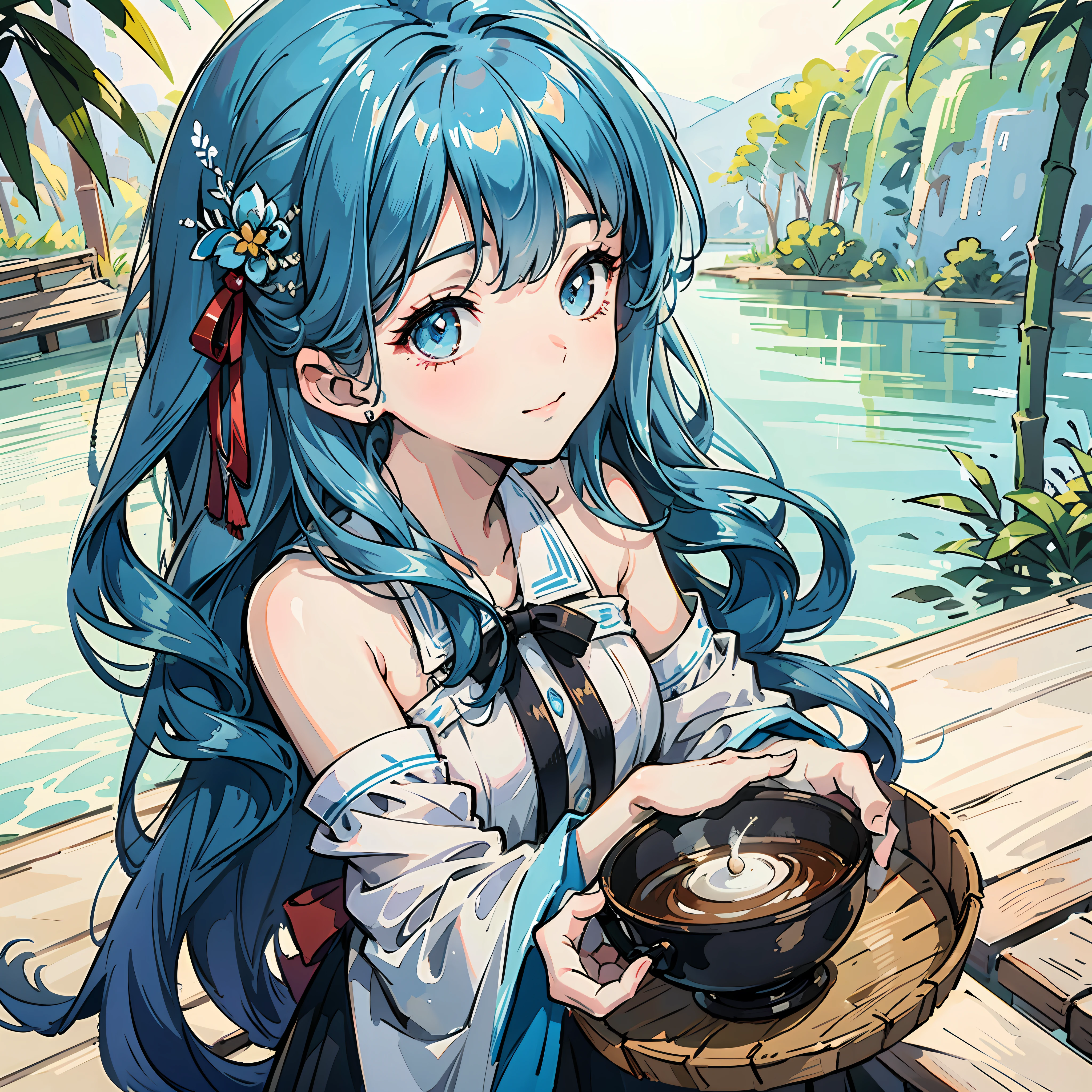 Masterpiece, best quality, official art, 8k wallpaper, highly detailed, illustration, 1 girl, sky blue hair, long hair, detailed eyes, Forrest Gump, bare shoulders, hanfu, lake, pure, soft smile, bamboo, tea --auto