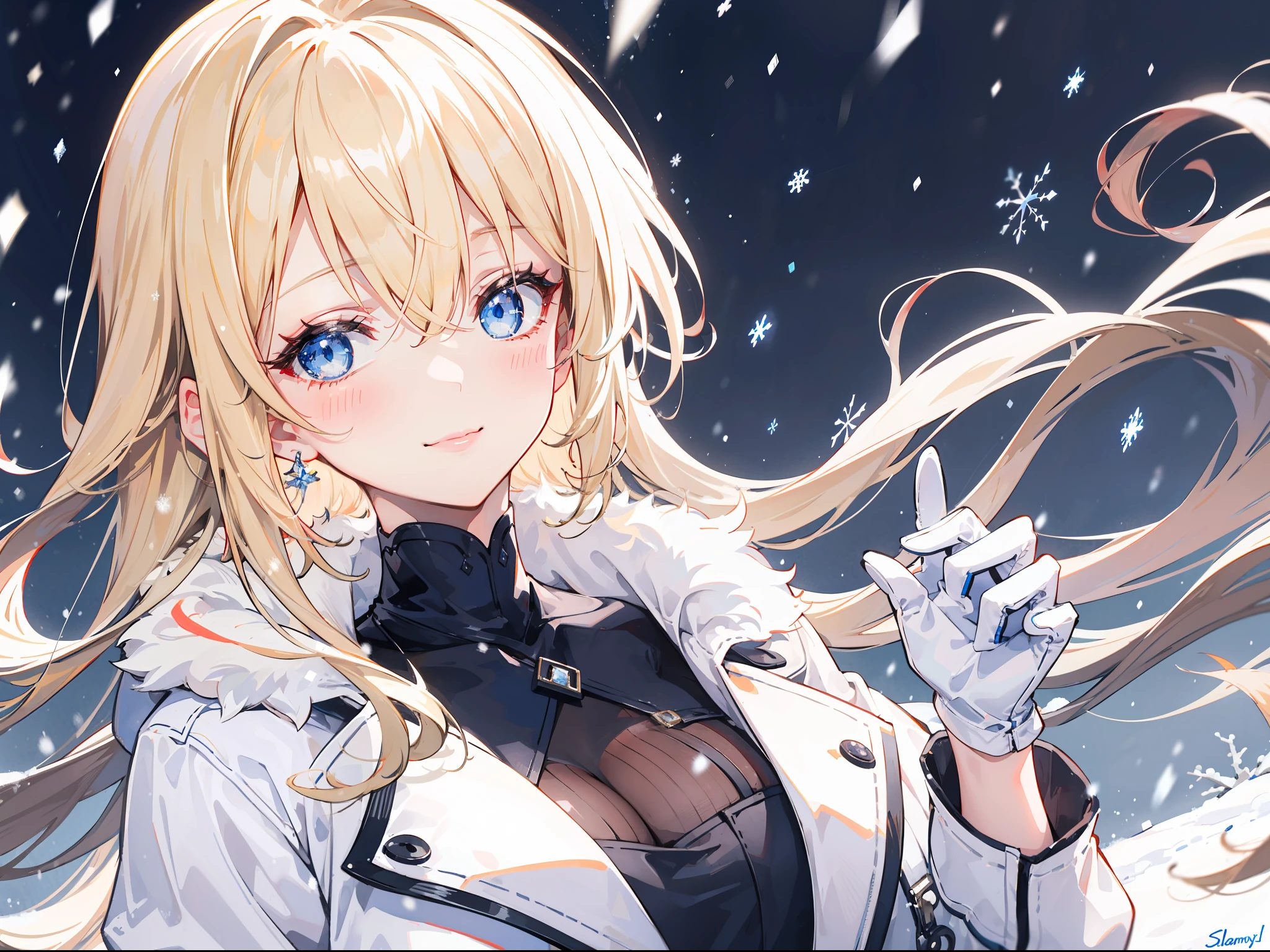 "Clam raining snow atmosphere, stunning 4k artwork featuring a confident elegant female long flowing vibrant light-blonde tied hair. Her eyes glowing blue. She sat elegantly and she smiling with blush, she was wearing a white snow modern coat and cute gloves, portrait"