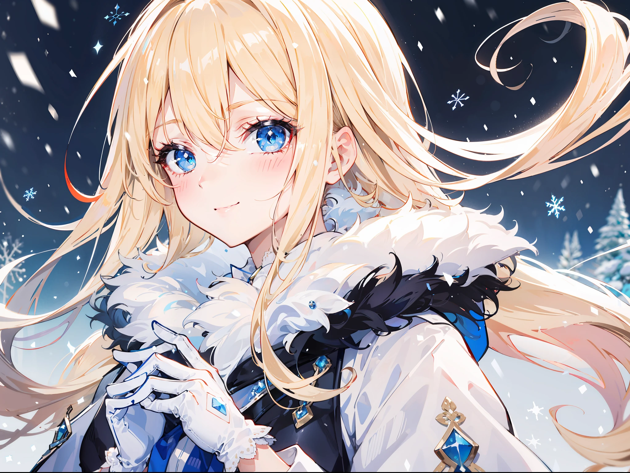 "Clam raining snow atmosphere, stunning 4k artwork featuring a confident elegant female long flowing vibrant light-blonde tied hair. Her eyes glowing blue. She sat elegantly and she smiling with blush, she was wearing a white snow modern coat and cute gloves, portrait"