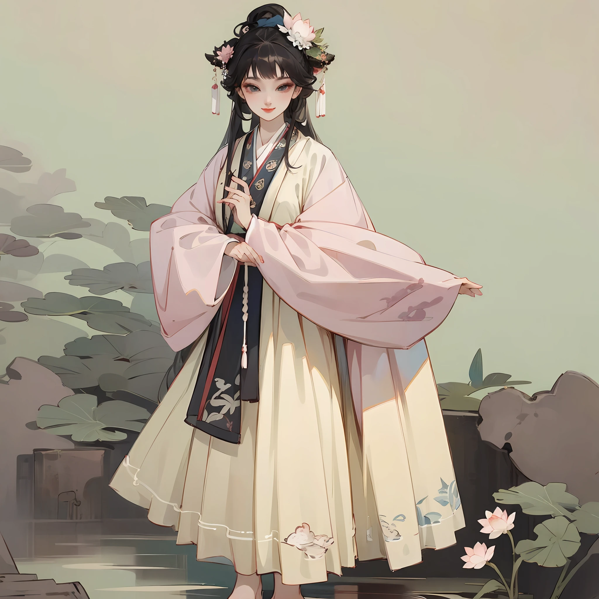 ((4k,masterpiece,best quality)), shuimobysim, traditional chinese ink painting, lotus, hanfu, maxiskit, dress conservatively 1girl, solo, long blue hair, smile, standing, feet in the water, barefoot, --auto