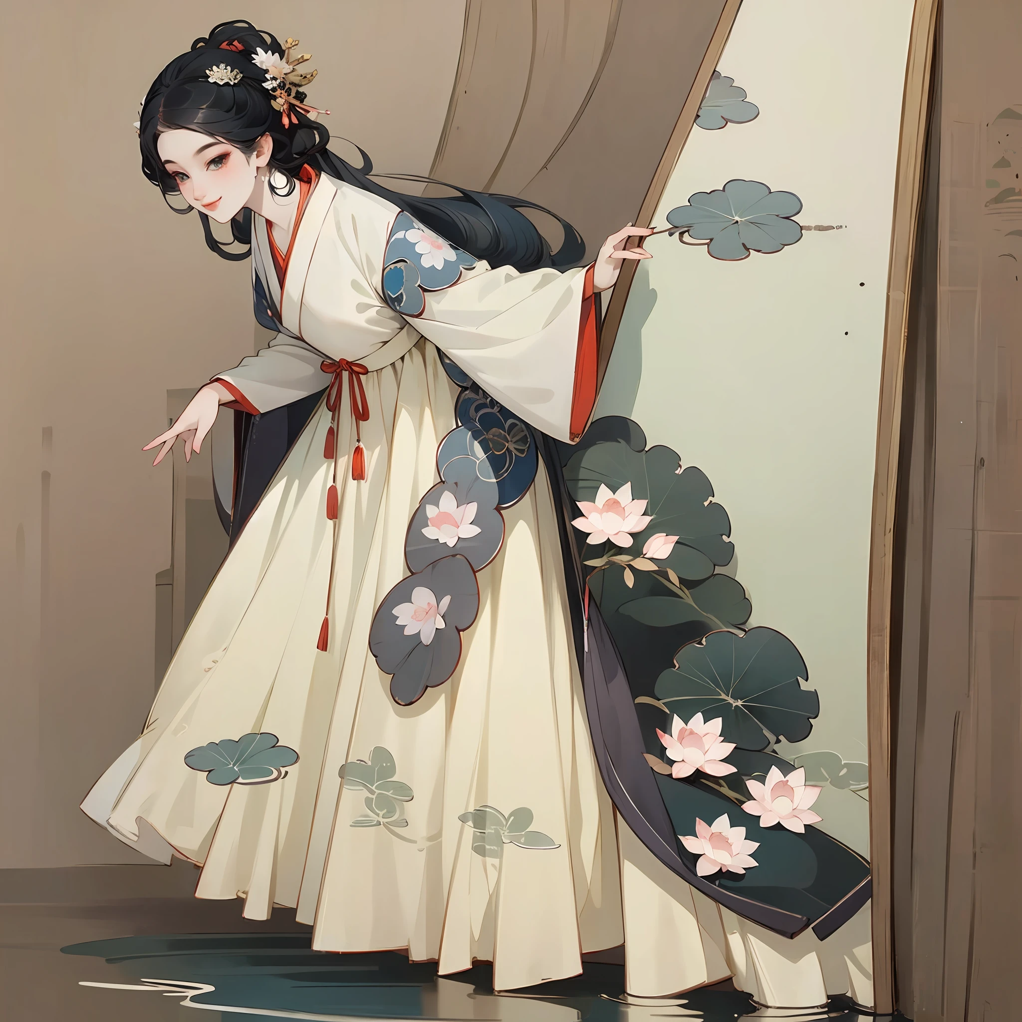 ((4k,masterpiece,best quality)), shuimobysim, traditional chinese ink painting, lotus, hanfu, maxiskit, dress conservatively 1girl, solo, long blue hair, smile, standing, feet in the water, barefoot, --auto