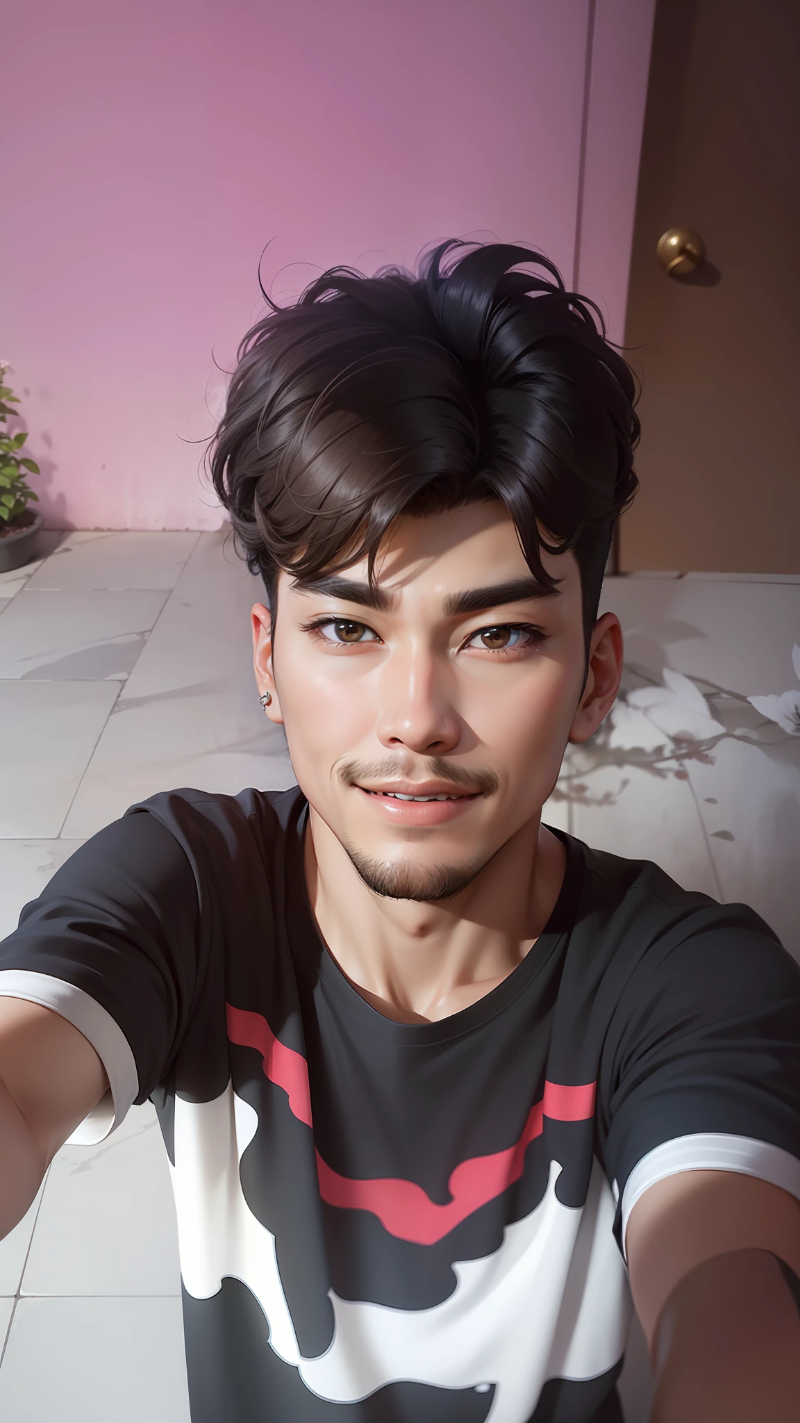 Best quality, ultra high resolution, ultra-detailed, style-empire, realistic, cinematic. A handsome korean man, thick eyebrows, gazing eyes, brown skin, shiny skin, black hair. He is wearing a denim jacket, white shirt inside, and denim jeans. He is at the garden, with lots of flowers. Half portrait, medium length close-up shot. He is smiling with teeth.