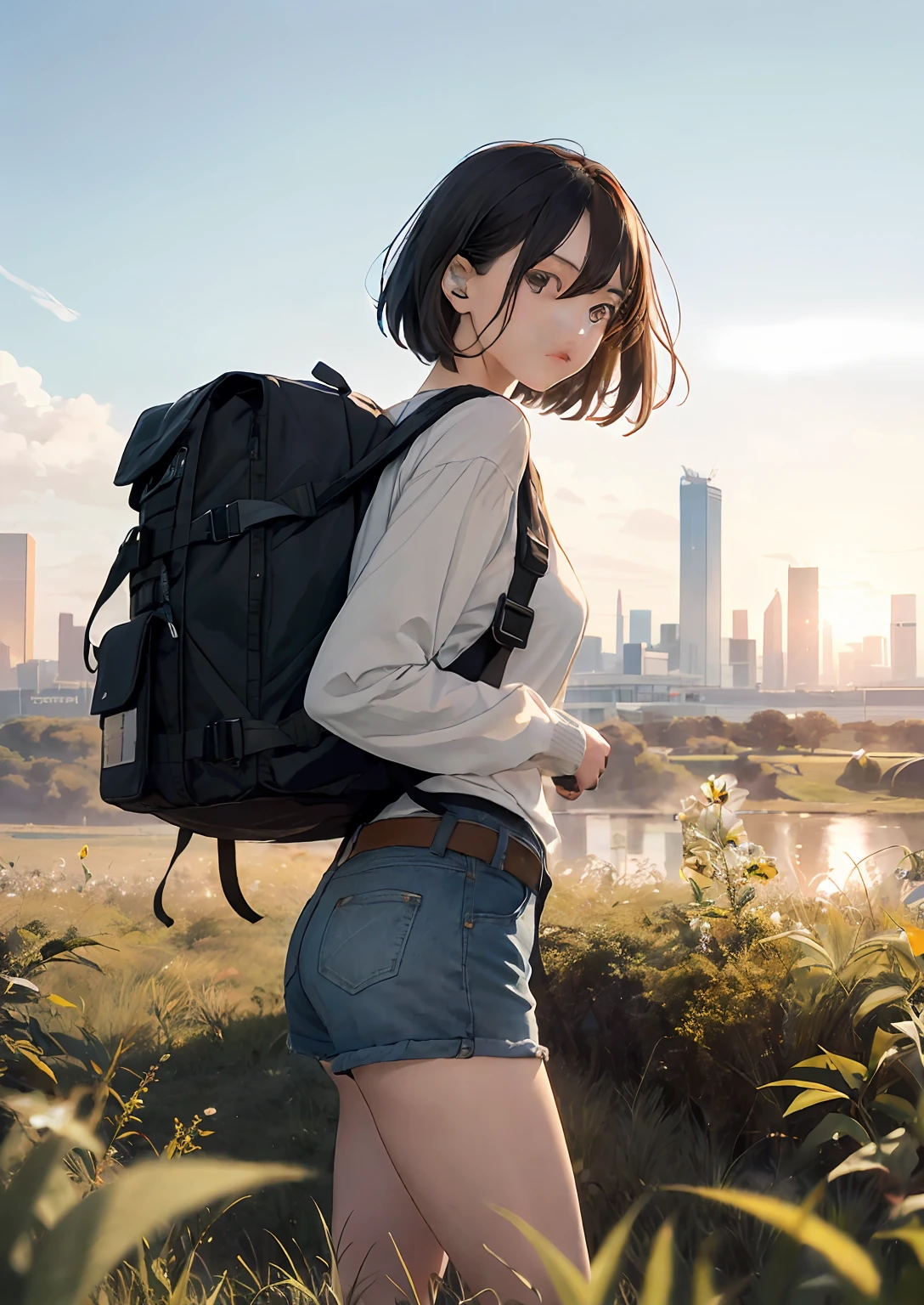 The vast sky, beautiful skyline, large grasslands, extremely tense and dramatic pictures, moving visual effects, high hanging Polaris, colorful natural glare. A girl in a long-sleeved top and denim shorts with a side backpack