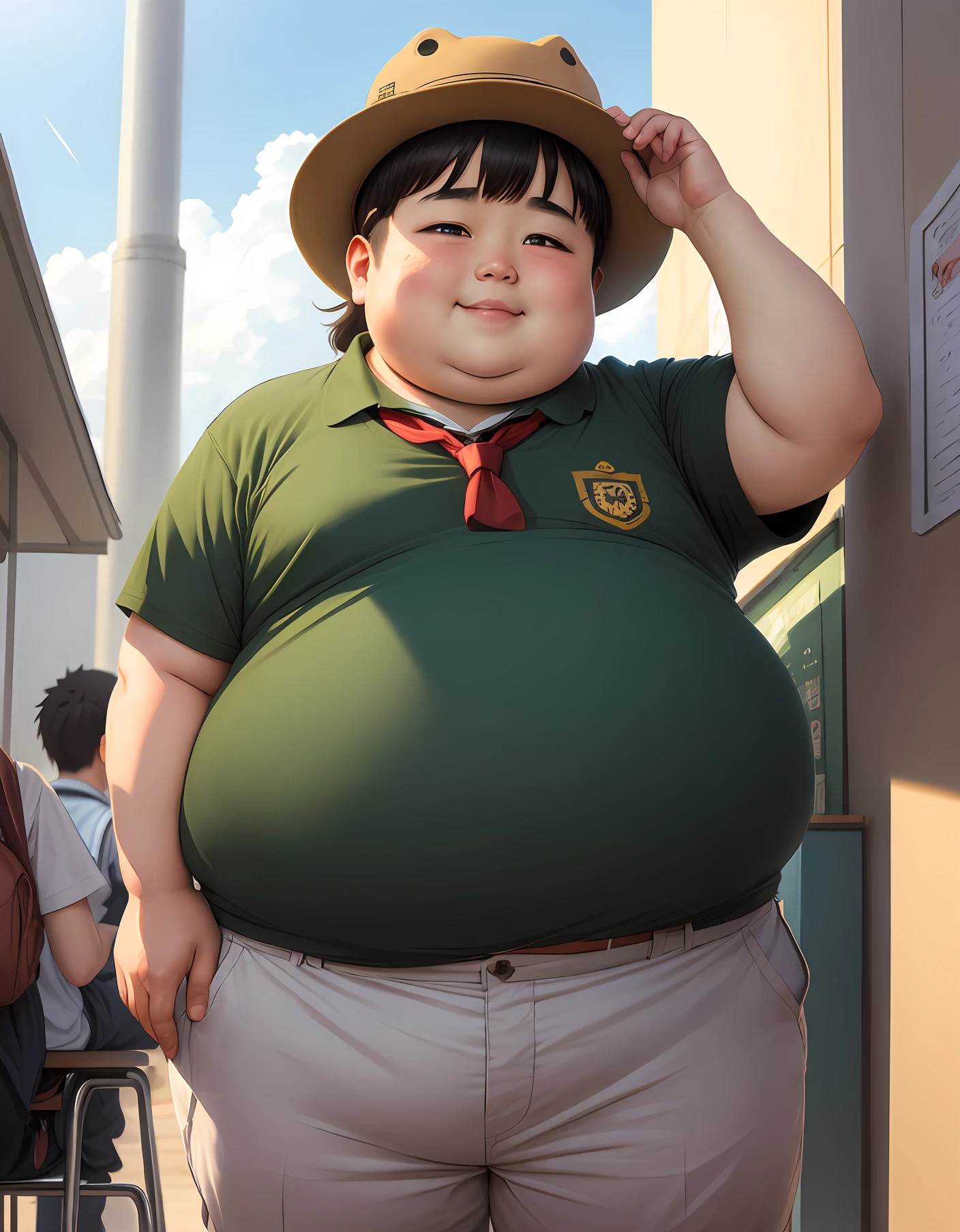 schoolboy,Slightly fat,sunlights,Anime style,cheerful