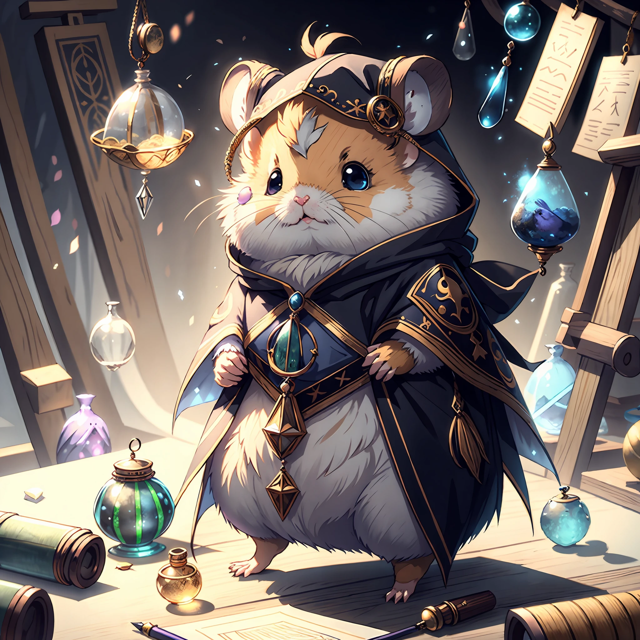 masterpiece, best quality, Cu73Cre4ture, hamster wearing a cloak,hood,alchemy, potions,scrolls,drawings, Fantasy aesthetics, Highly detailed, shadowverse style