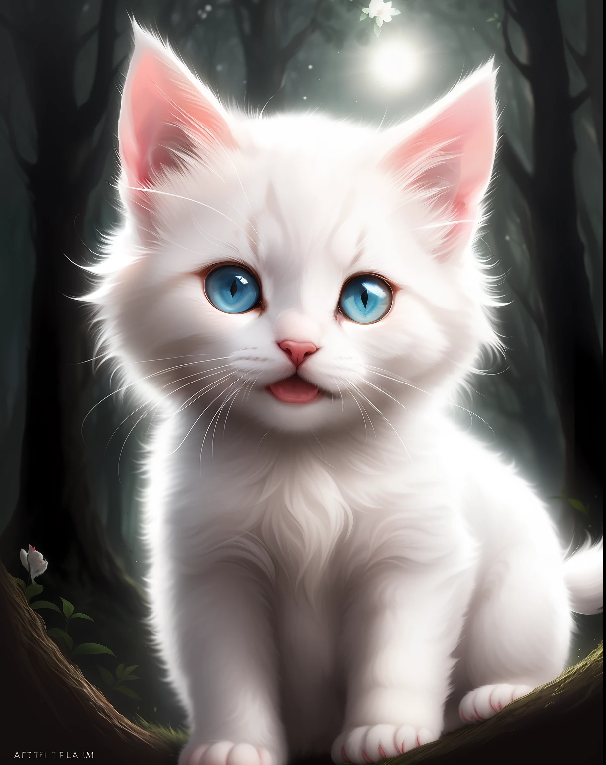 Close-up photo of white fluffy kitten,ln the forest,haze,Halo,blooms,Dramatic atmosphere,at centre,thirds rule,200 mm 1.4F macro shooting,(Natural skin texture,ultrarealism,softlighting,sharp:1.2),(complexdetails:1.12 ), hdr,(Complicated details,ultra detali:1.15),The art of Greg Rutkowski and Artgerm,Soft cinematic light,Adobe Lightroom,photolab,hdr,Complex,very detailed of fields:1.4),White fluffy kitten!!!,Open-mouthed,big laughter