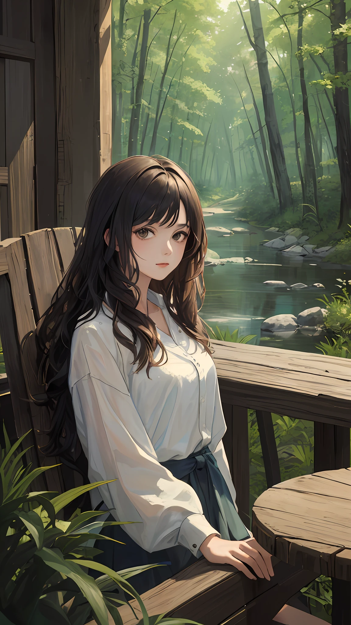 (masterpiece, best quality:1.4), 1girl, looking at viewer, 
(wavy hair:0.8), long hair, 
(on front), river, forest, 
{upper body|cowboy shot},
{night|morning|dawn}, 
{indoors|outdoors}, 
{sitting|standing|ground},