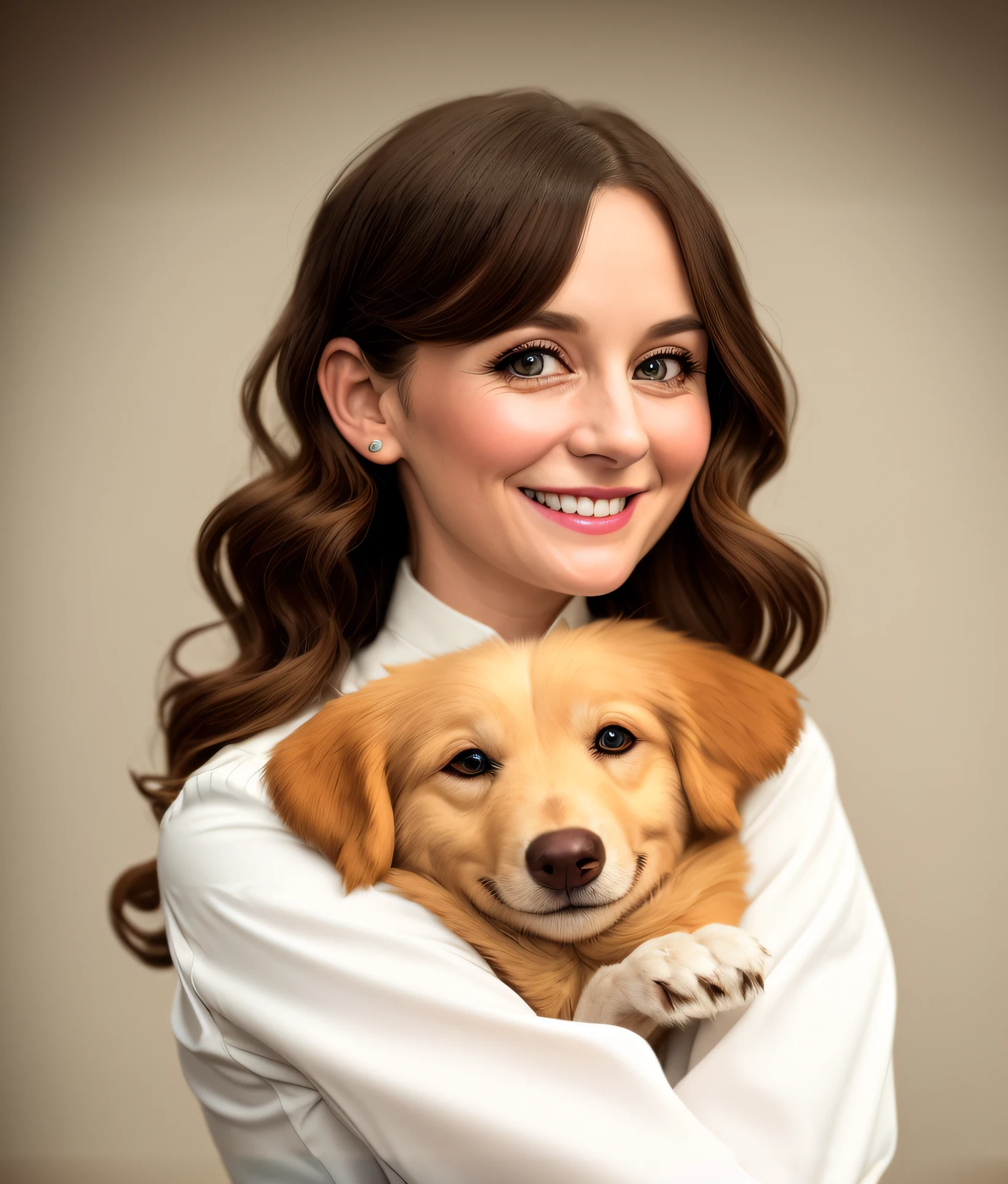 smiling woman holding a dog in her arms, retrato de alta qualidade, foto retrato realista, pintado digitalmente, retrato de ultra realista, retrato detalhado, arte realista, retrato bonito, arte digital. foto realista, realistic studio portrait, retrato promocional, imagem realista, foto de retrato em close-up, imagem ultra realista, retrato realista, foto de retrato detalhada, foto de retrato, fan art, Close portrait, Fanart