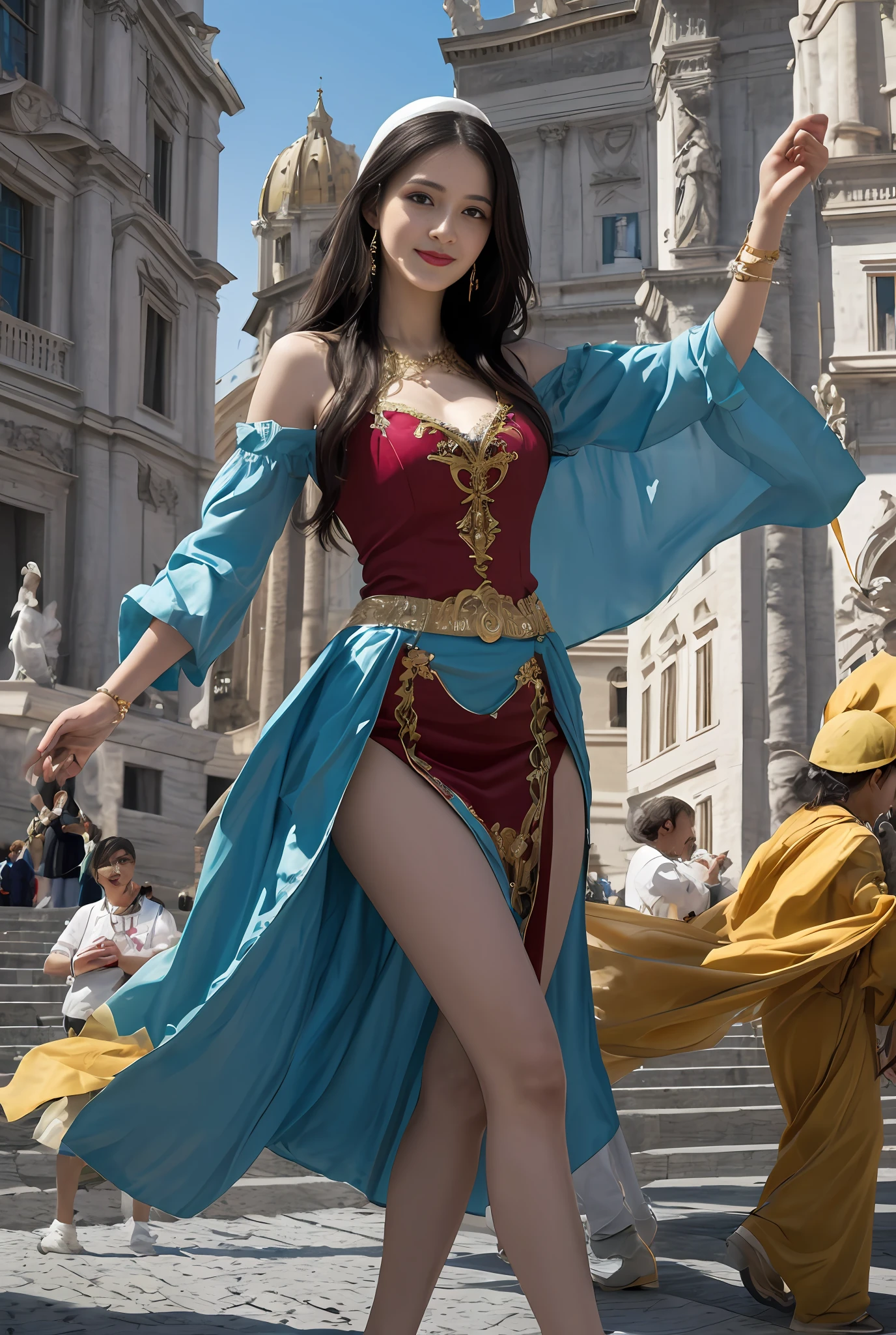 (巨作, Best quality, Realistic),
1girll,(on the St. Peter's Square of Vatican,crowd), sankta. Peter's Square of Vatican background, gypsy dress, Dancing, Elaborate dress, Gold,banquet, crowd, picking up skirt,Pale skin,
[Slight smile],