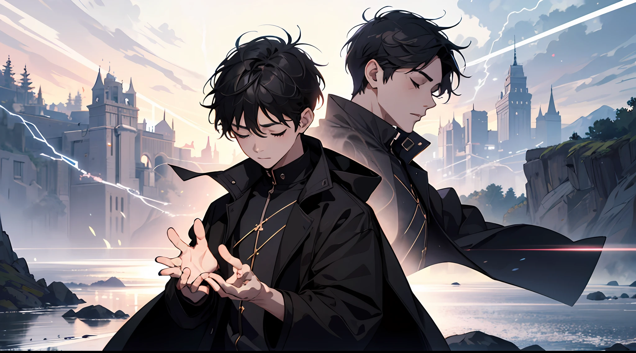 (Absurd, High Resolution), 16k, (Panorama), , Teenager, ed Eyes, Open Hands, Short Hair, Black Hair, Black Coat, White Underwear, Extreme Detail, Lightning, Magic, Magic Array, Exaggerated Light, Shine, Magic, Floating, Dusk