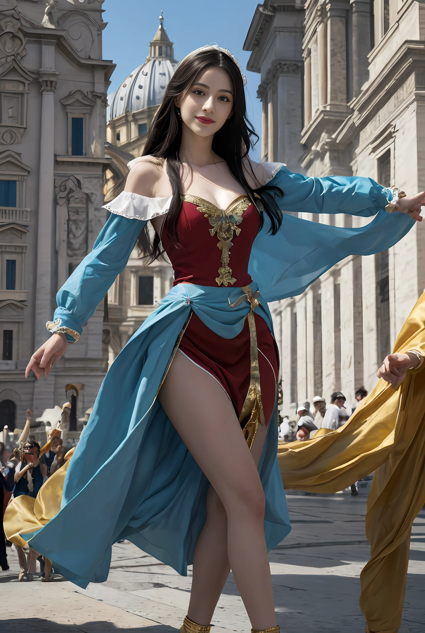 (巨作, Best quality, Realistic),
1girll,(on the St. Peter's Square of Vatican,crowd), sankta. Peter's Square of Vatican background, gypsy dress, Dancing, Elaborate dress, Gold,banquet, crowd, picking up skirt,Pale skin,
[Slight smile],