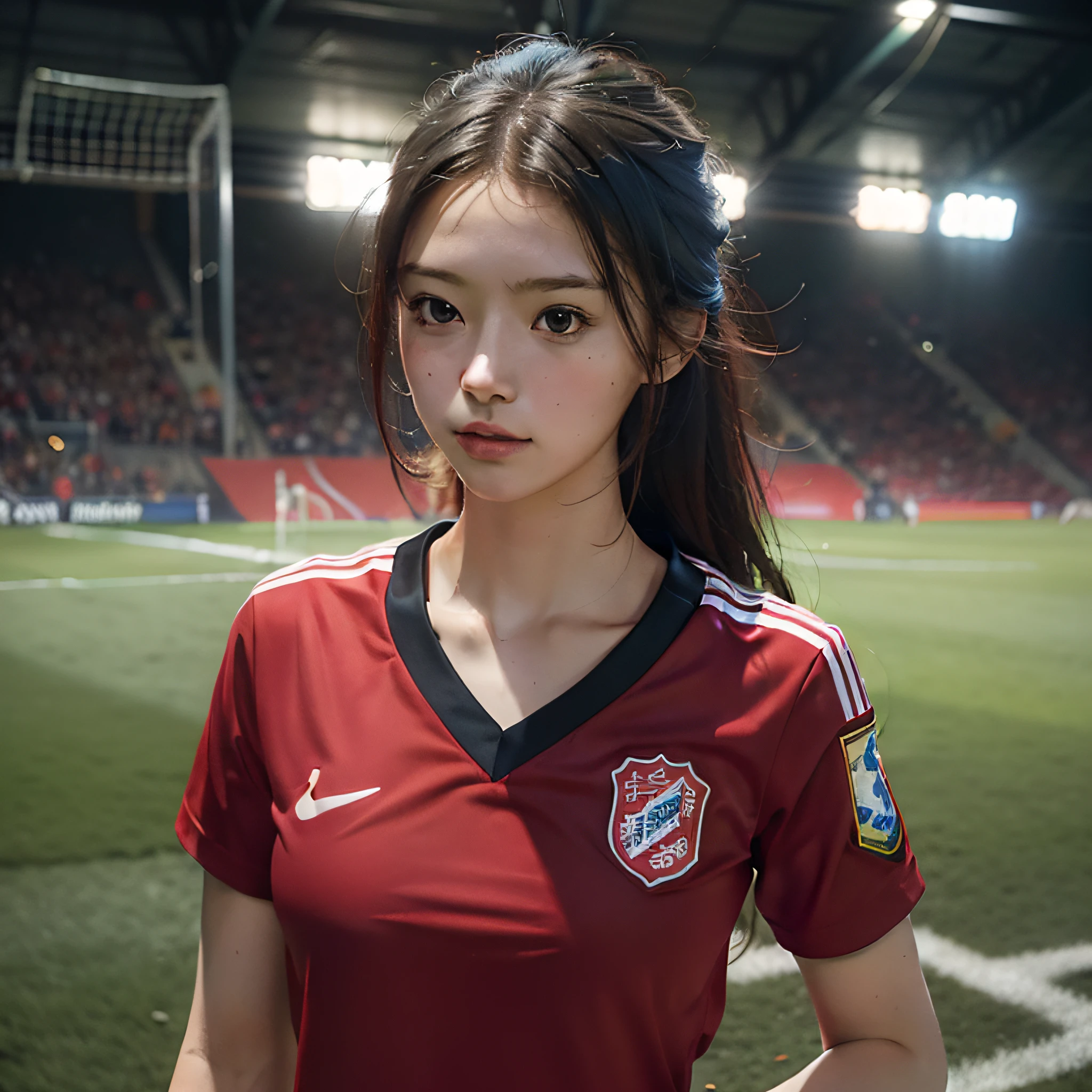 (((tmasterpiece))),Best Picture Quality,Ultra-detailed CG,High Picture Quality,Dynamic posing,Floats in the air,The perspective is stunning,(A girl with), Wearing a Bayern shirt,Football in hand,The background is a daytime scene at Allianz Stadium,The camera focuses on the girl's upper body,Make eye contact with football,Instantly captured the girl's confident temperament,The magnificent scene is perfectly presented。 --auto