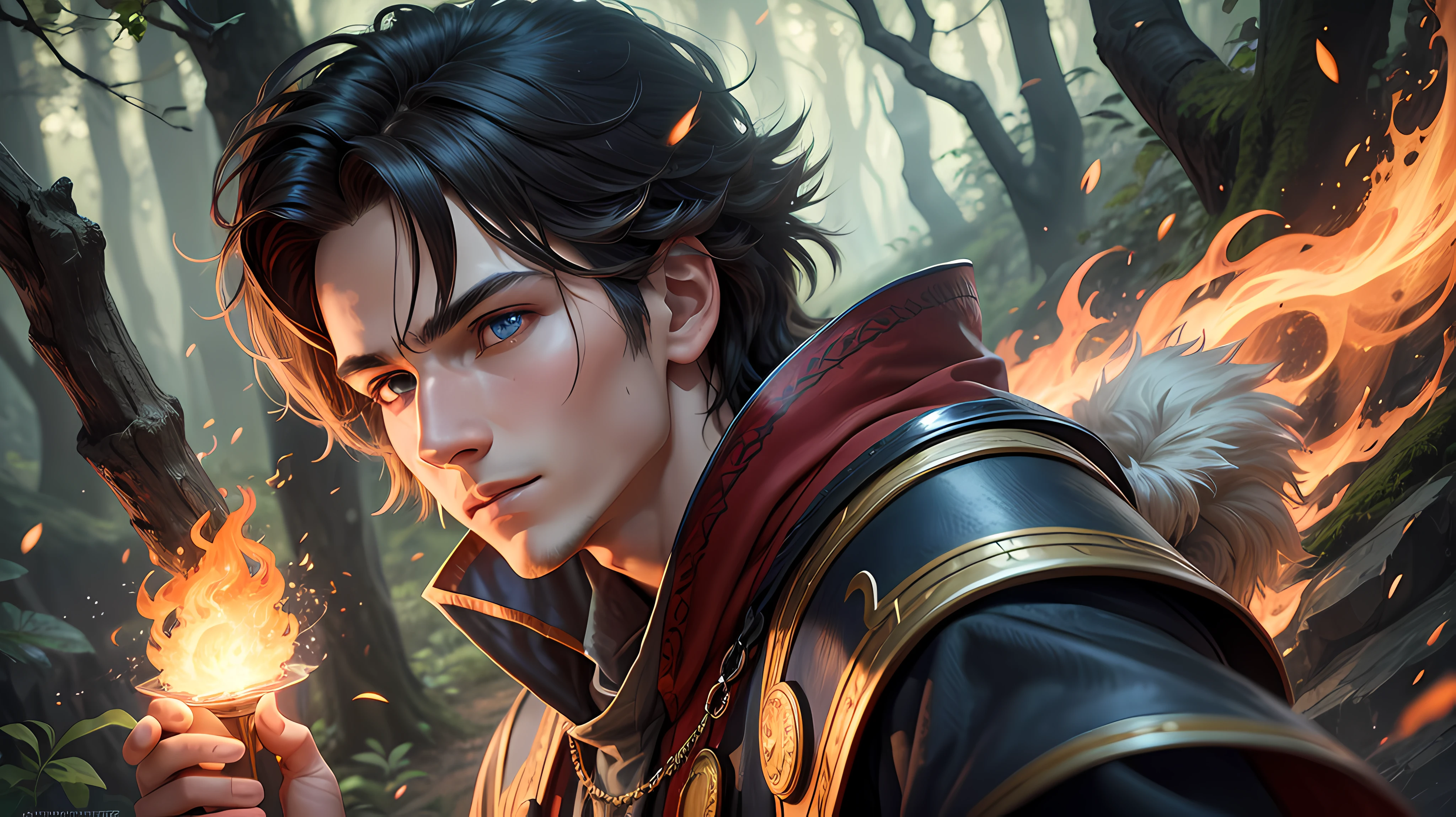 (masterpiece, best quality, ultra-detailed CG unity 8k wallpaper), irate, vengeful,Bear the price,flames of fire,Light and shadow overlay,black capelet, 锁链, Brunette boy,(fallen leaves, broken twigs, dead trees, moonlight),The mist behind him, Images and memories of my sister, late morning.