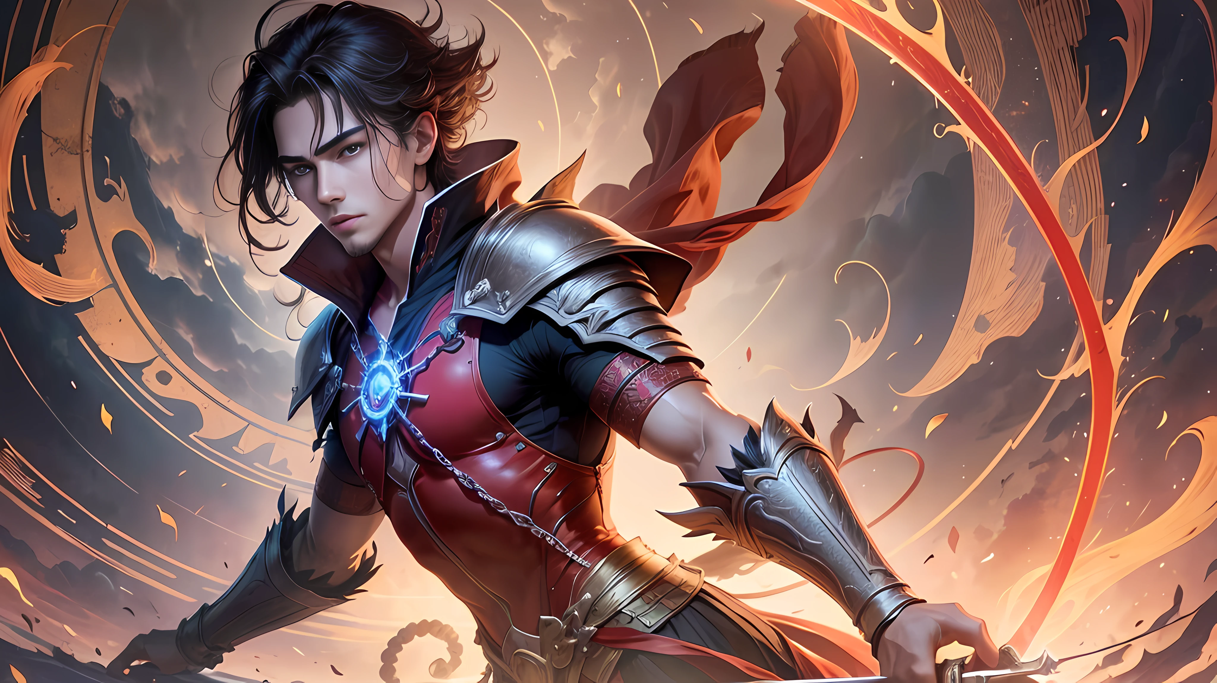 (masterpiece, best quality, ultra-detailed CG unity 8k wallpaper), irate, vengeful,Bear the price,flames of fire,Light and shadow overlay,black capelet, 锁链, Brunette boy,(fallen leaves, broken twigs, dead trees, moonlight),The mist behind him, Images and memories of my sister, late morning.