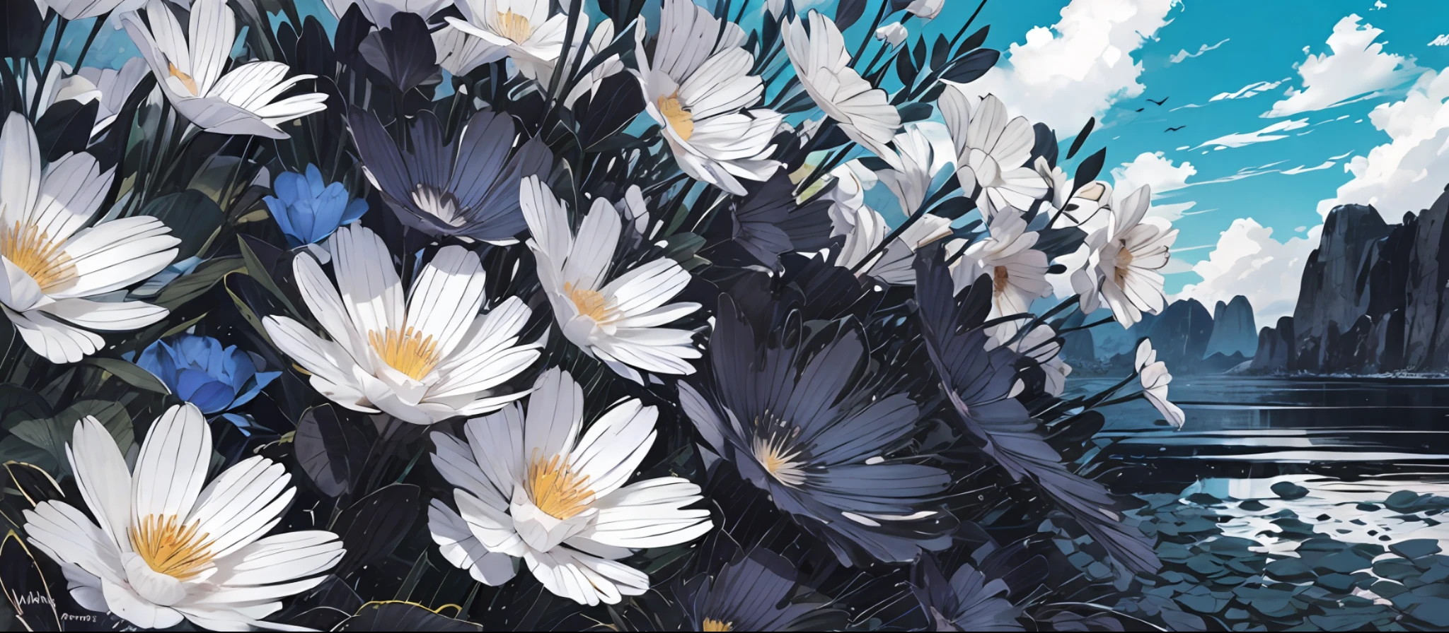 uma paisagem de montanhas, matas e campos. blue sky with few clouds. birds, flor, Petals, animais e polem pelo ambiente. monocromatic, Preto e branco, fundo branco, artistic line, pencil drawing, esquete, black ballpoint pen style