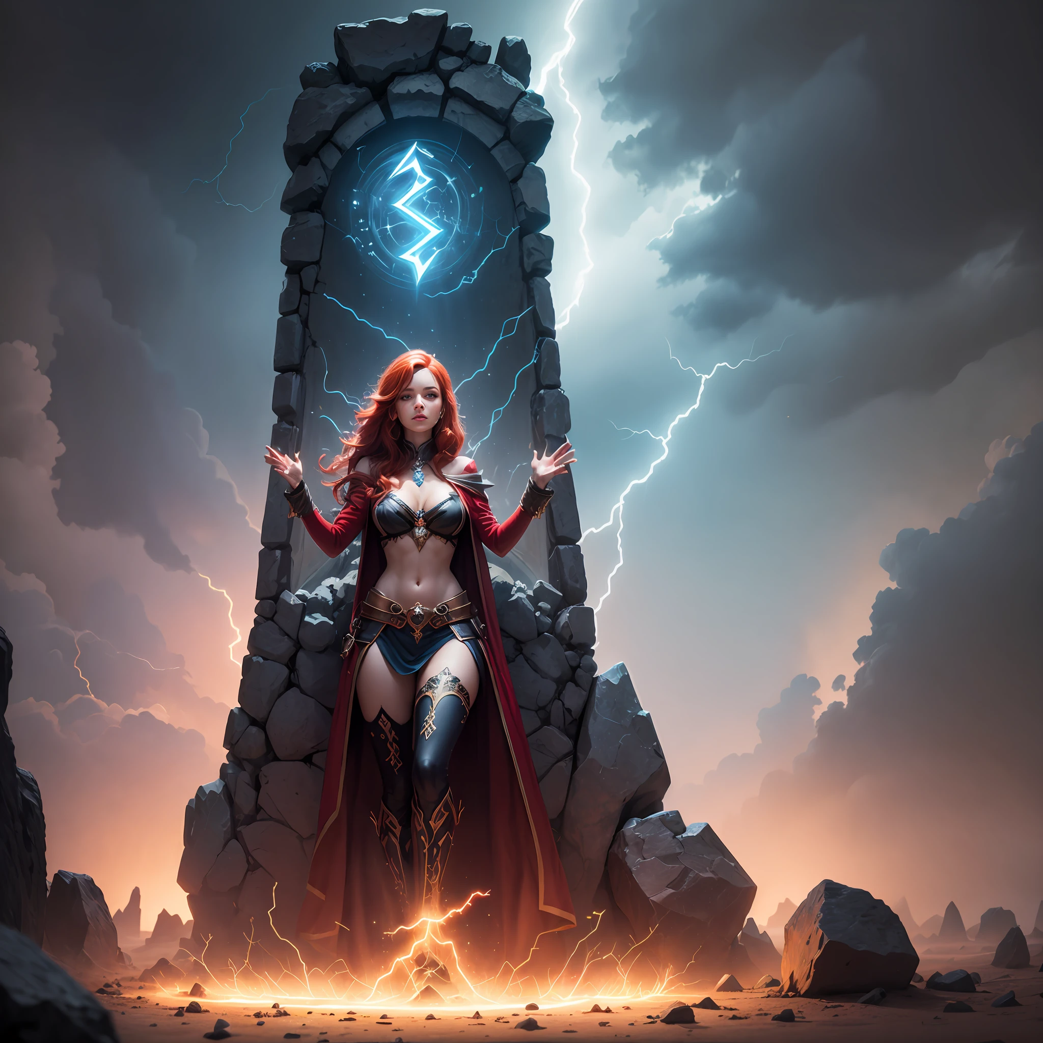 Red-haired woman sorceress with pieces of gold casting lightning bolts with her hands behind her is a portal with several runes, Surrealism, 4K --auto