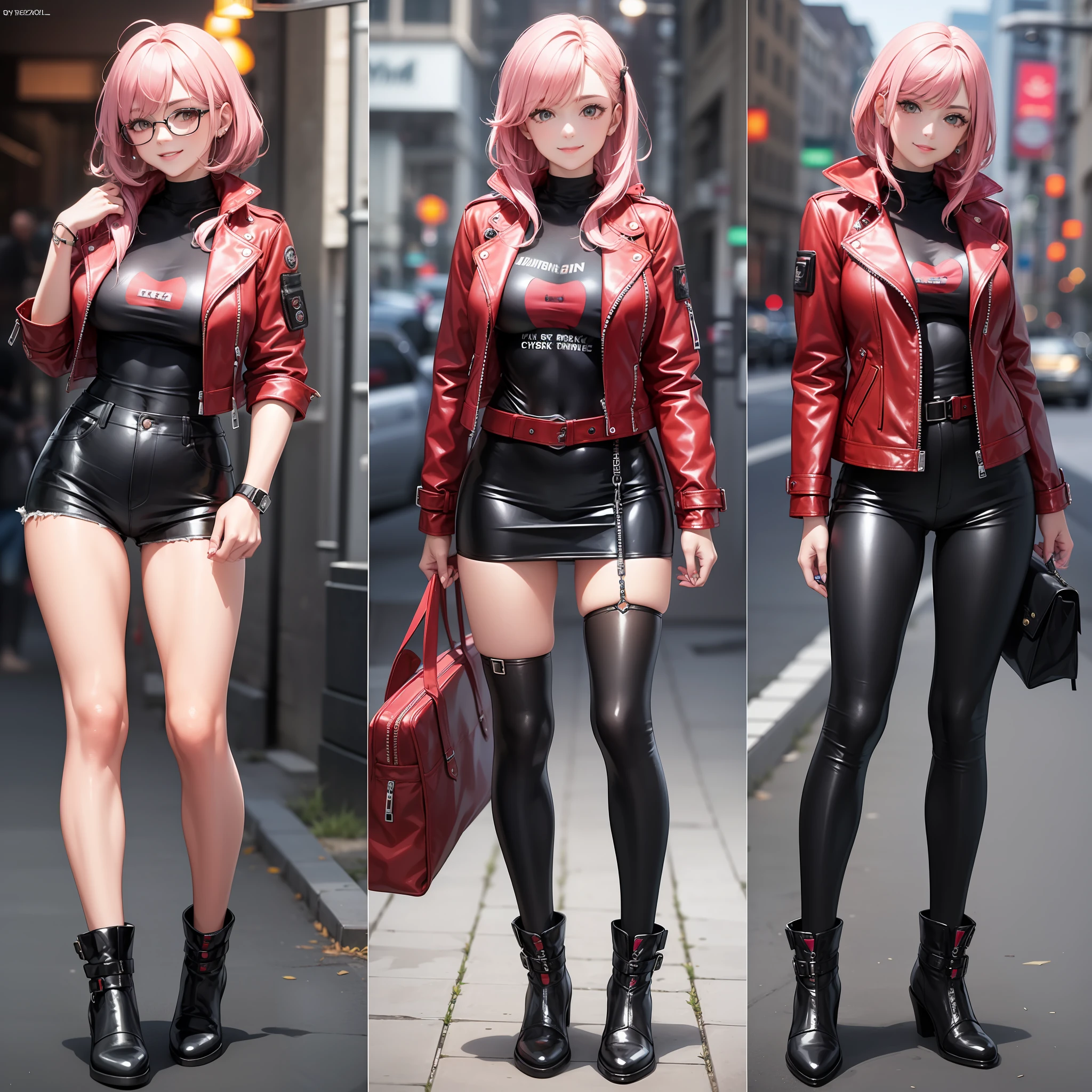cyberpunked　Red leather jacket　Kizi　smil　beste-Qualit　​masterpiece　Super-High Resolution　Pink hair　　Red bodysuit　Long