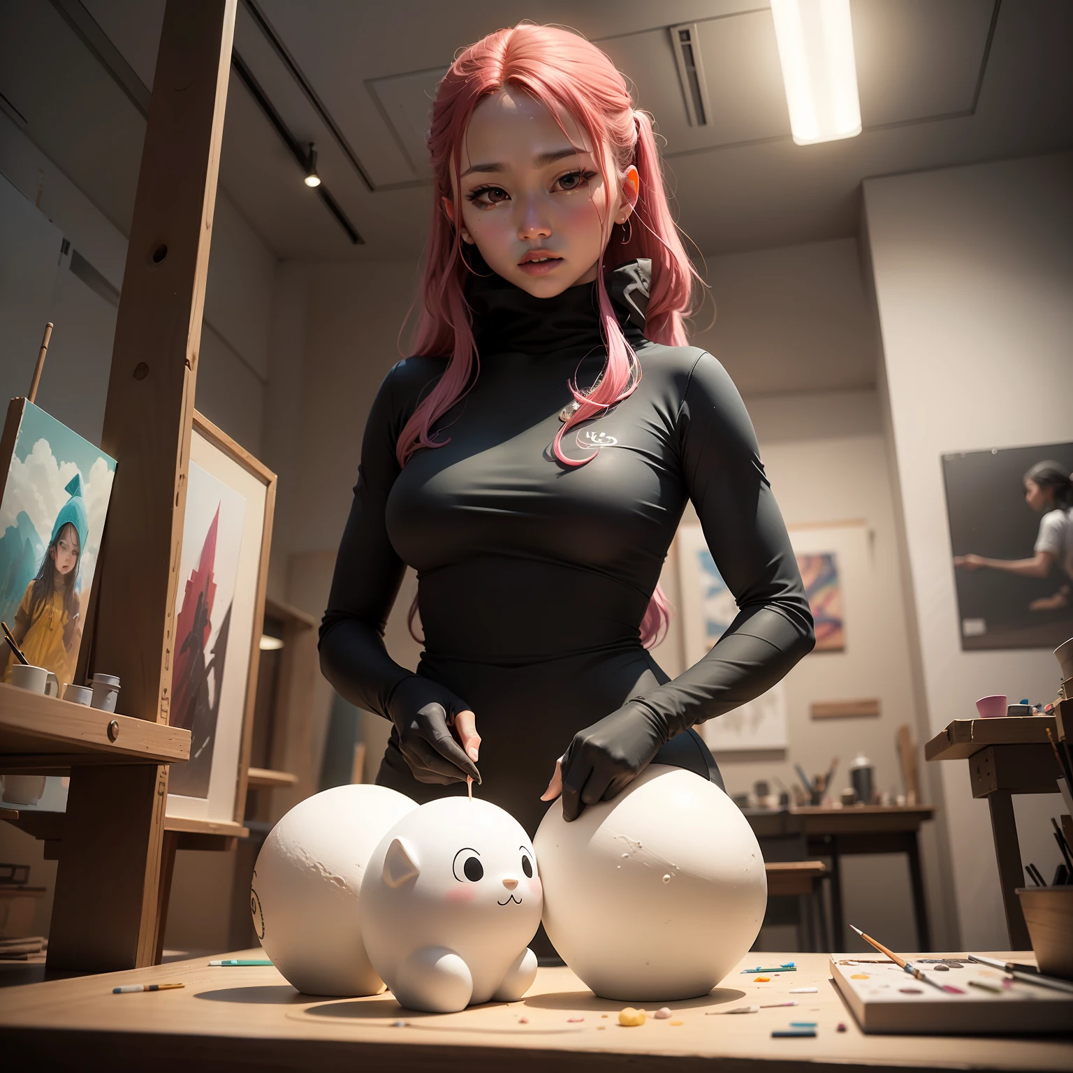 MOCHI is an art and craft studio that offers a unique and captivating experience for artists and enthusiasts. With a striking combination of black, red, and white colors, the studio's brand is embodied by a beautiful model with vibrant pink hair. She draws using fundamental geometric shapes such as cylinders, cones, tubes, triangle blocks, and spheres, bringing depth and structure to her artwork.

Located in a dedicated sculpture studio, MOCHI provides a spacious and well-equipped environment for artists to explore their creativity and develop their sculpting skills. The studio specializes in creating sculptures of beautiful girls, aiming to capture the grace and elegance of the female form. These sculptures celebrate the innate aesthetic appeal of the human body while conveying a sense of sensuality, strength, and vulnerability.

Under the guidance of the studio's passionate and dedicated owner, MOCHI offers a range of art supplies and materials for artists to experiment and create their own masterpieces. The emphasis on geometric shapes provides a solid foundation for artists to explore form, tone, and composition, enabling them to express their artistic visions with precision and creativity.

The atmosphere at MOCHI is one of inspiration and artistic exploration. Artists are encouraged to unleash their imaginations, pushing the boundaries of traditional sculpting techniques while incorporating futuristic elements. The studio serves as a hub for artists to collaborate, learn from each other, and discover new approaches to sculptural art.

Whether you are a professional artist or an enthusiastic beginner, MOCHI welcomes you to a world of artistic expression. Through its distinctive brand, captivating model, focus on geometric shapes, dedication to girl sculptures, and commitment to providing a nurturing and inspiring environment, MOCHI stands out as a premier art and craft studio for all who seek to create and appreciate the beauty of sculptural art. --au --auto