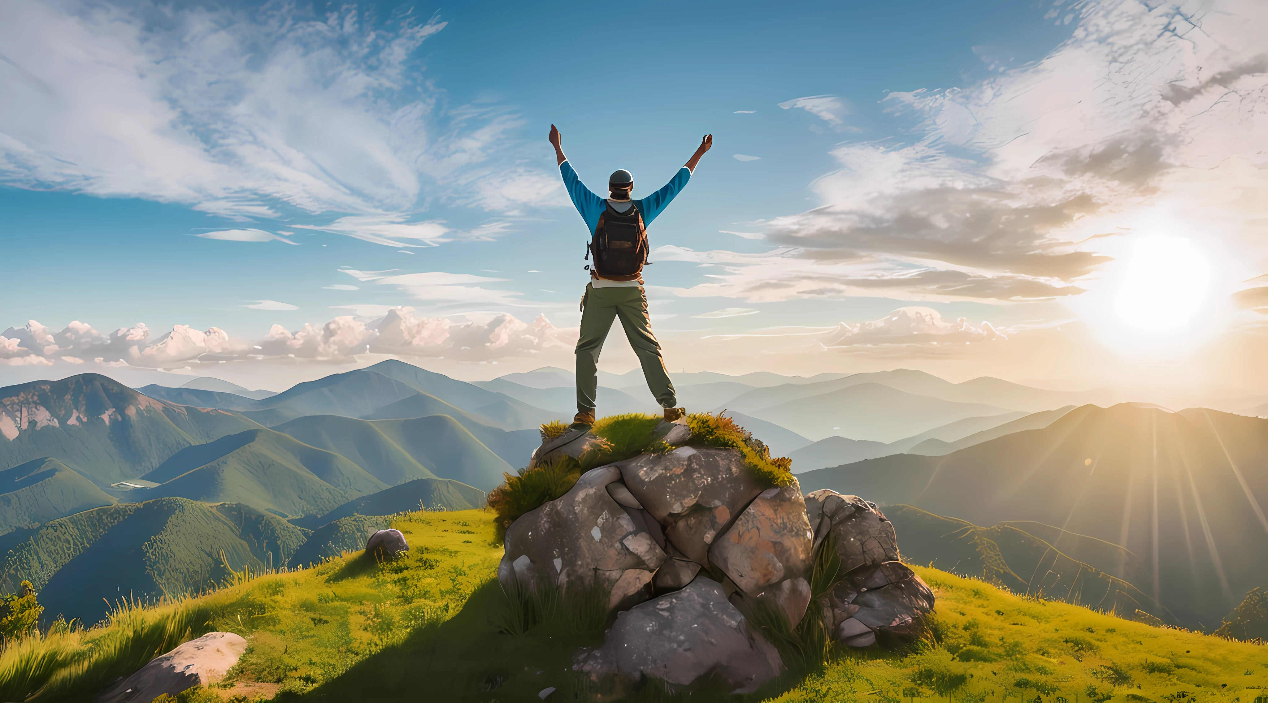 Capture the exhilarating moment of victory at the summit of a hill. Show a person standing proudly on the mountaintop, arms raised in triumph, celebrating their achievement. The environment should be vibrant and awe-inspiring, with lush greenery, clear blue skies, and a panoramic view of the surrounding landscape. Use a wide-angle shot to convey the vastness of the scene and the sense of accomplishment. The lighting should be warm and golden, emphasizing the victorious atmosphere. Details such as the wind gently rustling through the grass or the distant peaks in the background add depth and grandeur to the composition. The image should radiate a feeling of triumph, resilience, and the joy of reaching new heights.