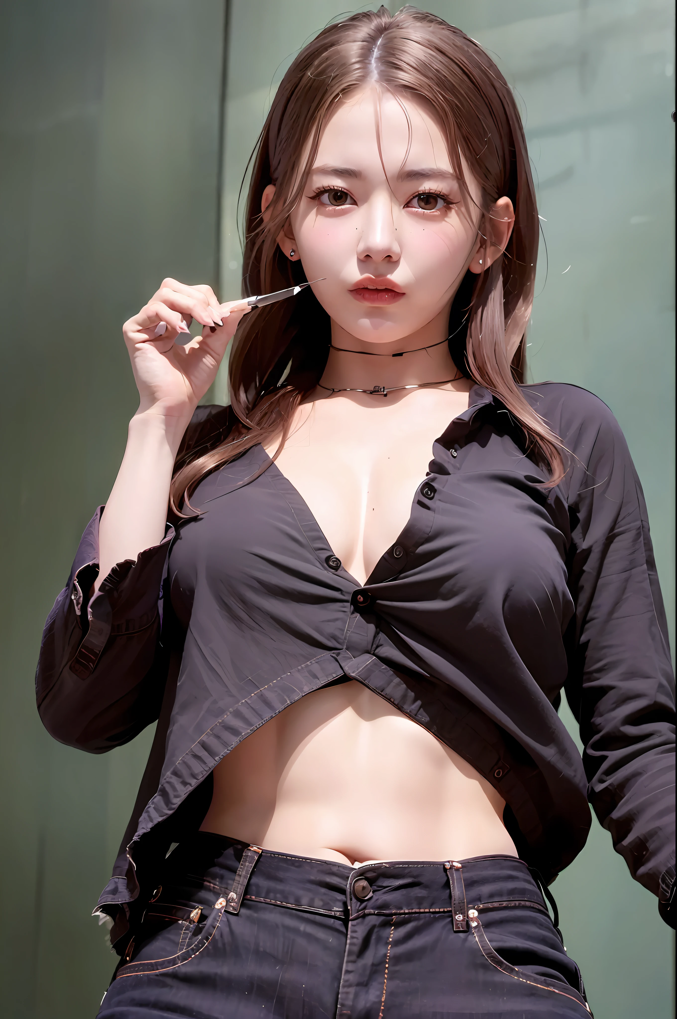 ((Best quality, 8k, Masterpiece :1.3)), Sharp focus :1.2, A pretty woman with perfect figure :1.4, Slender abs :1.2, ((Dark brown hair, Big breasts :1.2)), (White button up long shirt :1.1), City street:1.2, Highly detailed face and skin texture, Detailed eyes, Double eyelid