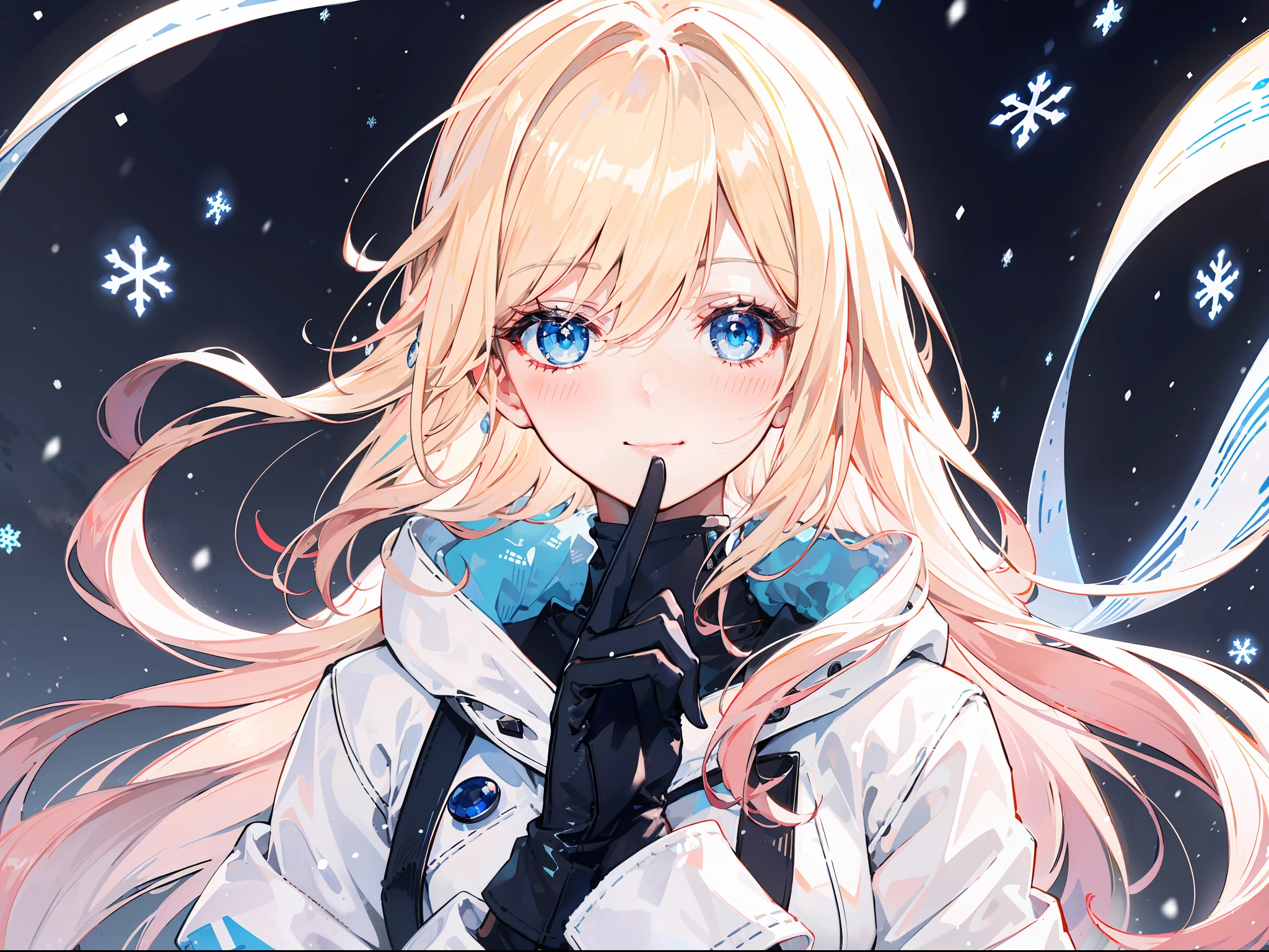 "Clam raining snow atmosphere, stunning 4k artwork featuring a confident elegant female long flowing vibrant light-blonde tied hair. Her eyes glowing blue. She sat elegantly and she smiling with blush, she was wearing a white snow modern coat and cute gloves, portrait"