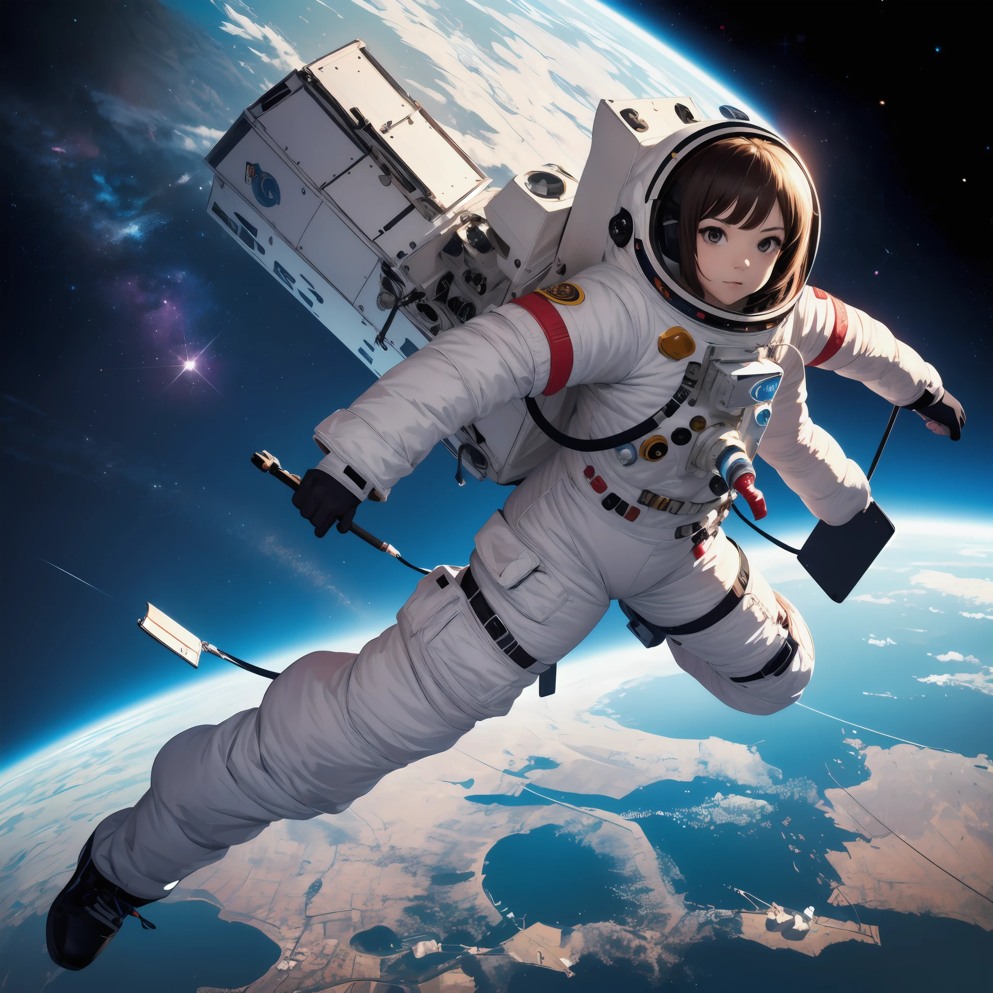 Absurd resolution, high resolution, (masterpiece:1.4), ultra-detailed, 1girl, in spacesuit, seen from above, space, floating, satellite, running pose, wide-angle lens distortion --auto