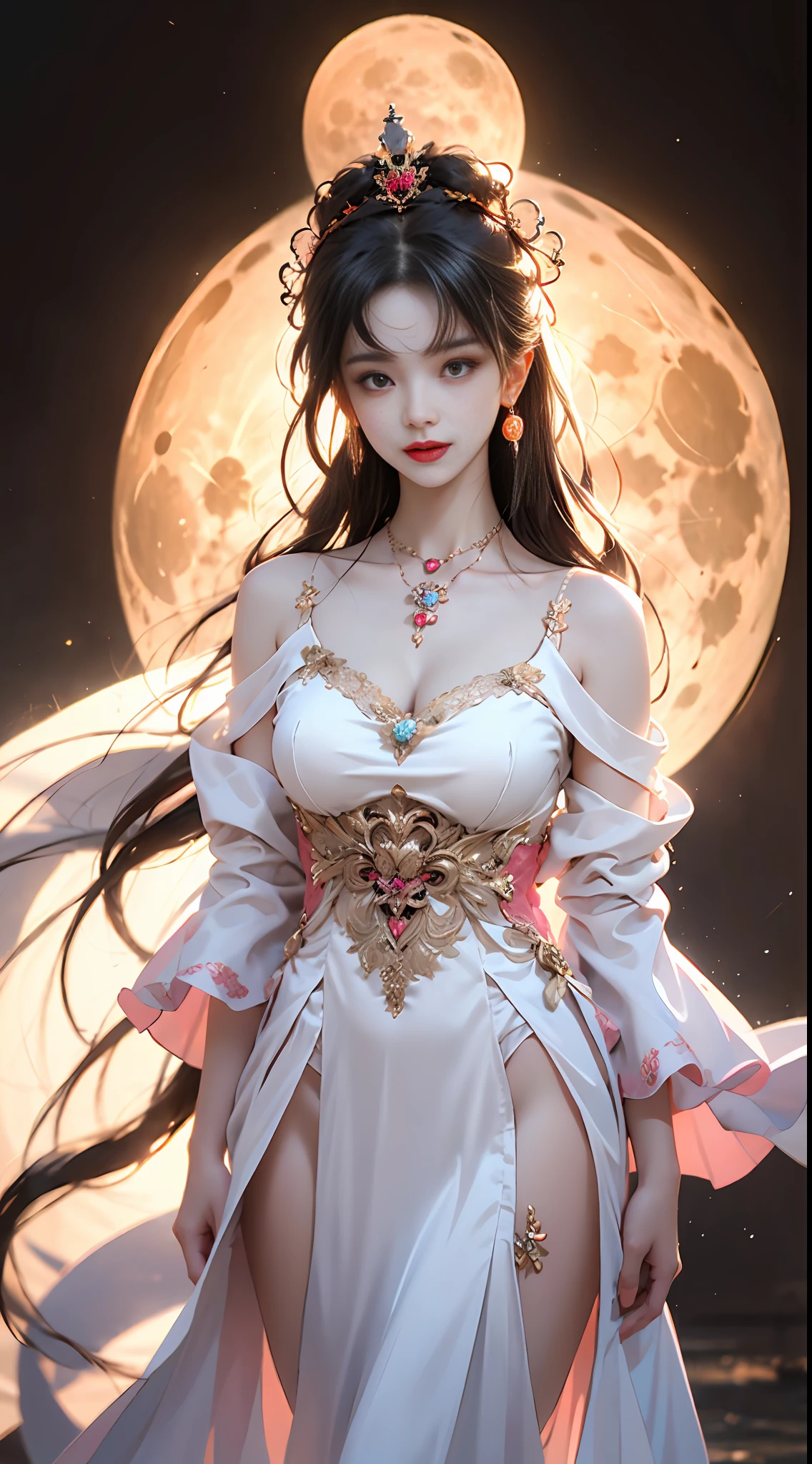 1 adult empress wearing a red lace top, deep-breasted nightgown, Chinese-style clothes, ancient costumes with many phoenix patterns, flawless pink and white face, crowned head, hip-length black hair , very beautiful and sharp brown eyes, small red lips, painted lips, closed mouth, jewelry worn around the neck, earrings, white and even teeth, high nose, big round , the girl's body is covered with water on , long legs, thin mesh black socks, portrait, most realistic, highest quality, best pixels, 8k ultra , (clear super big moon background: 1.8)