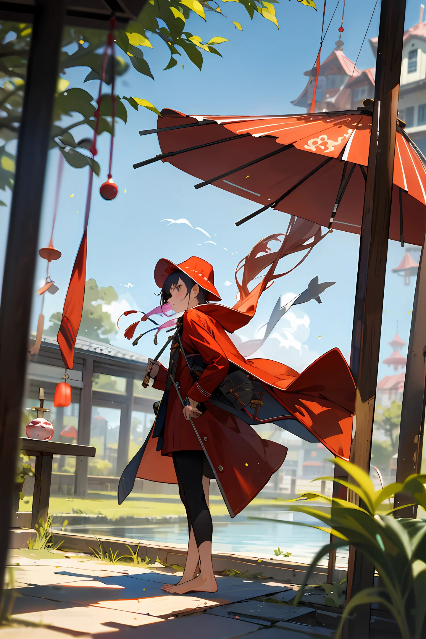 ponds,Redcoat,woman,loft,Wind chimes are barefoot,ancient wind
