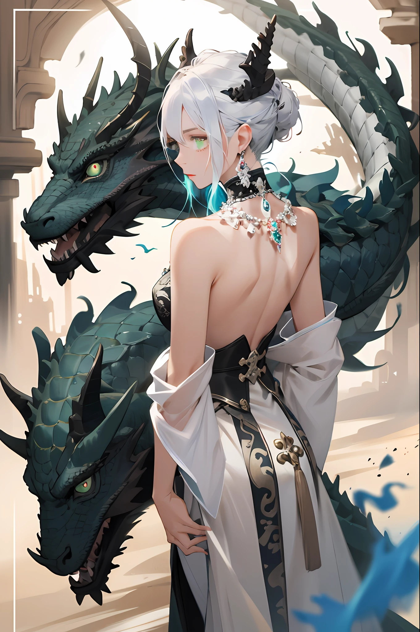 （absurderes，A high resolution，ultra detali），Very detailed eyes，Colorful，Most detailed，sportrait，独奏，detailed back ground，Detailed face， (style-swirlmagic:0.8), Behind it is a hovering dark turquoise Chinese dragon，movie atmosphere, Contre-Jour,Dull green eyes，Eyes with a sense of layering，Silvery-white hair，Pick dyeing，There is a blue flame on the fingertips，cold shades，Warm light accents，Magic world，In a large valley，Warm sunset，Magic tunic，Metal accessories，Gemstone embellishment，Full body like，Girly body curves，A sense of firmness，Movie lighting，jewelry necklace，Gemstone rings，Metal design，