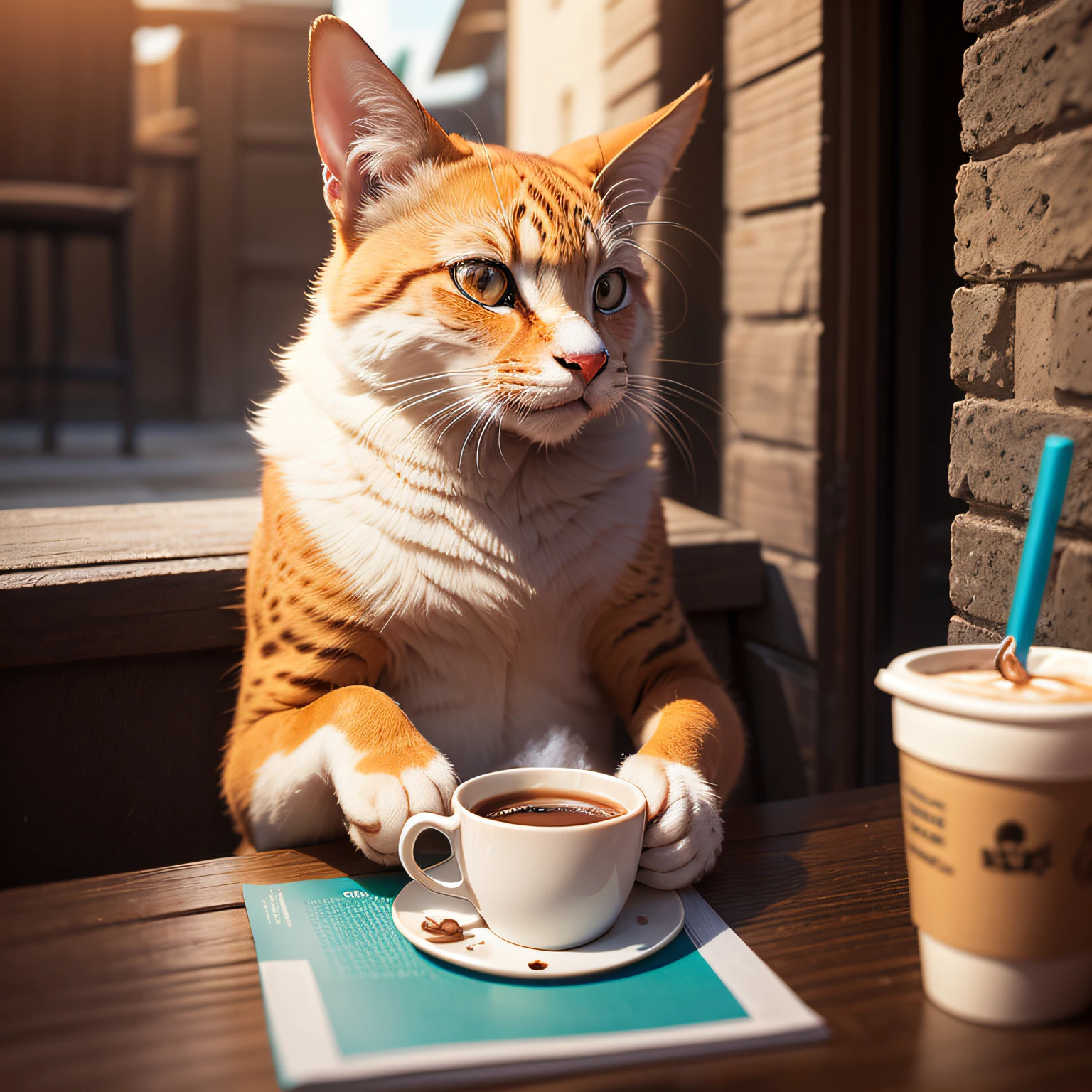 gere uma imagem estilo cartoon, lindo animal foto, sentado em uma cadeira ao lado de uma mesa, drinking a delicious warm coffee --auto