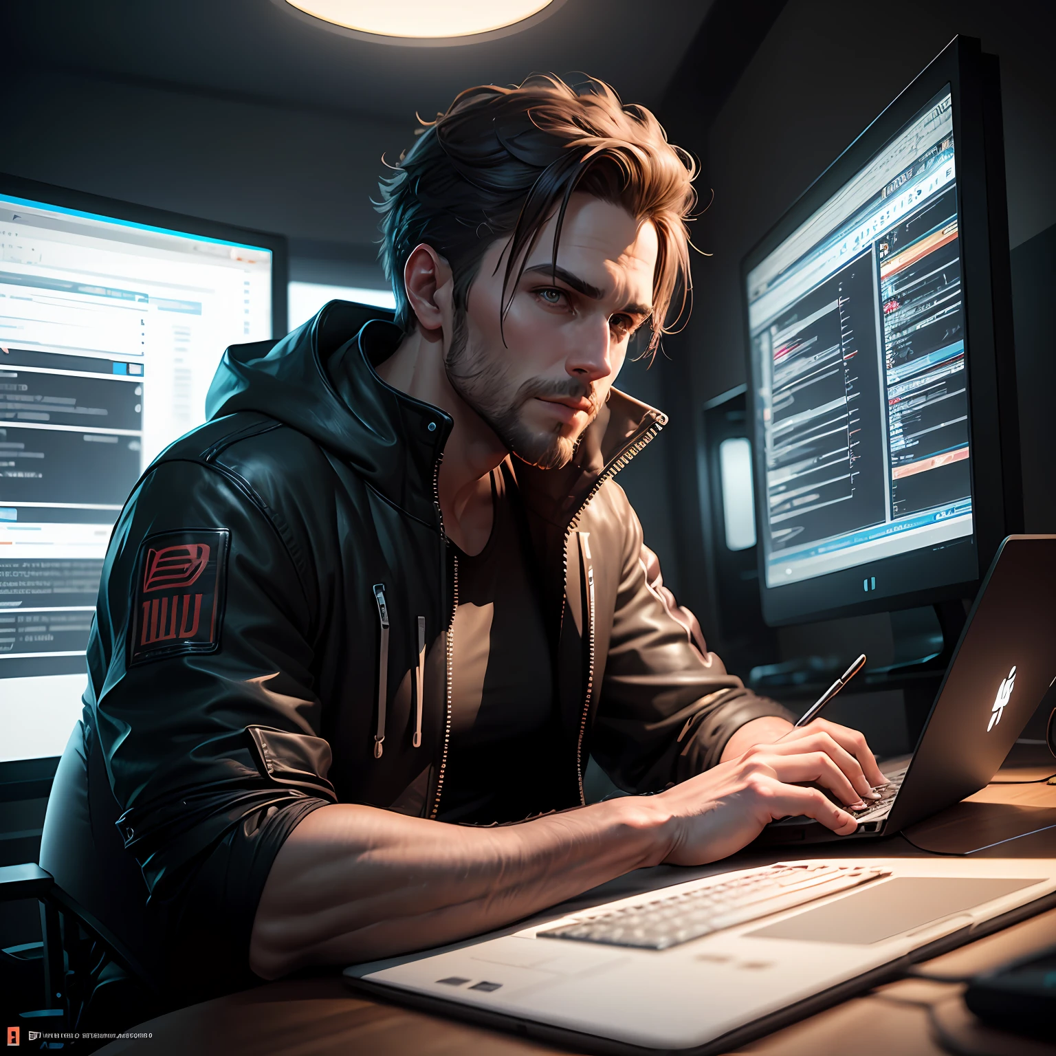 Realistic successful man coding on laptop in gaming room, artstation trends, cyberpunk concept art, highly detailed, intricate, sharp focus, digital art, 8 k --auto