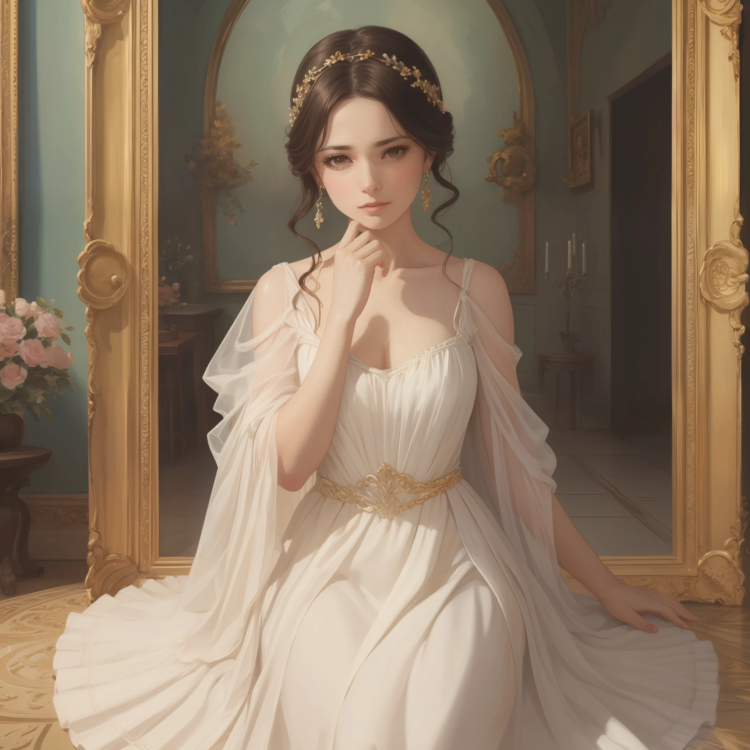 mulher chorando ouro, pale skinned, (olhos dourados brilhantes), vestido preto curto, capa fluida, detalhado, obra-prima, melhor qualidade, escuro, 2D pintura, pose de joelhos, (arte por Aleriia_V lerapi) --auto