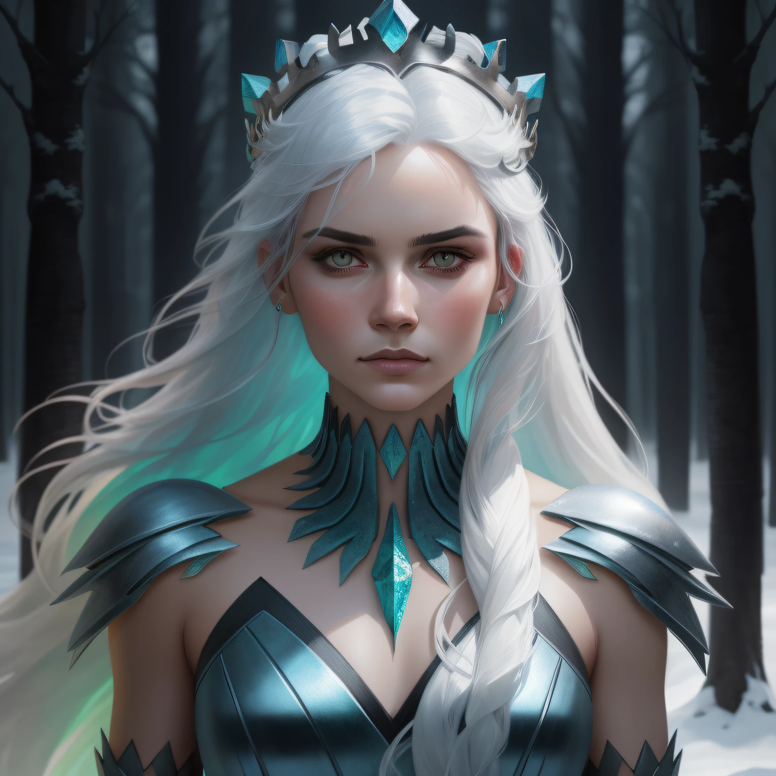 Woman with platinum hair, in a dress of ice flowers, a beautiful crown on her head, detailed face, detailed skin, front, background frozen forest, cover, unzoom, choker, hyperdetailed painting, luminism, Bar lighting, complex, 4k resolution concept art portrait by Greg Rutkowski, Artgerm, WLOP, Alphonse Mucha, little fusion pojatti realistic goth, fractal isometrics details bioluminescens : a stunning realistic photograph 30 years
