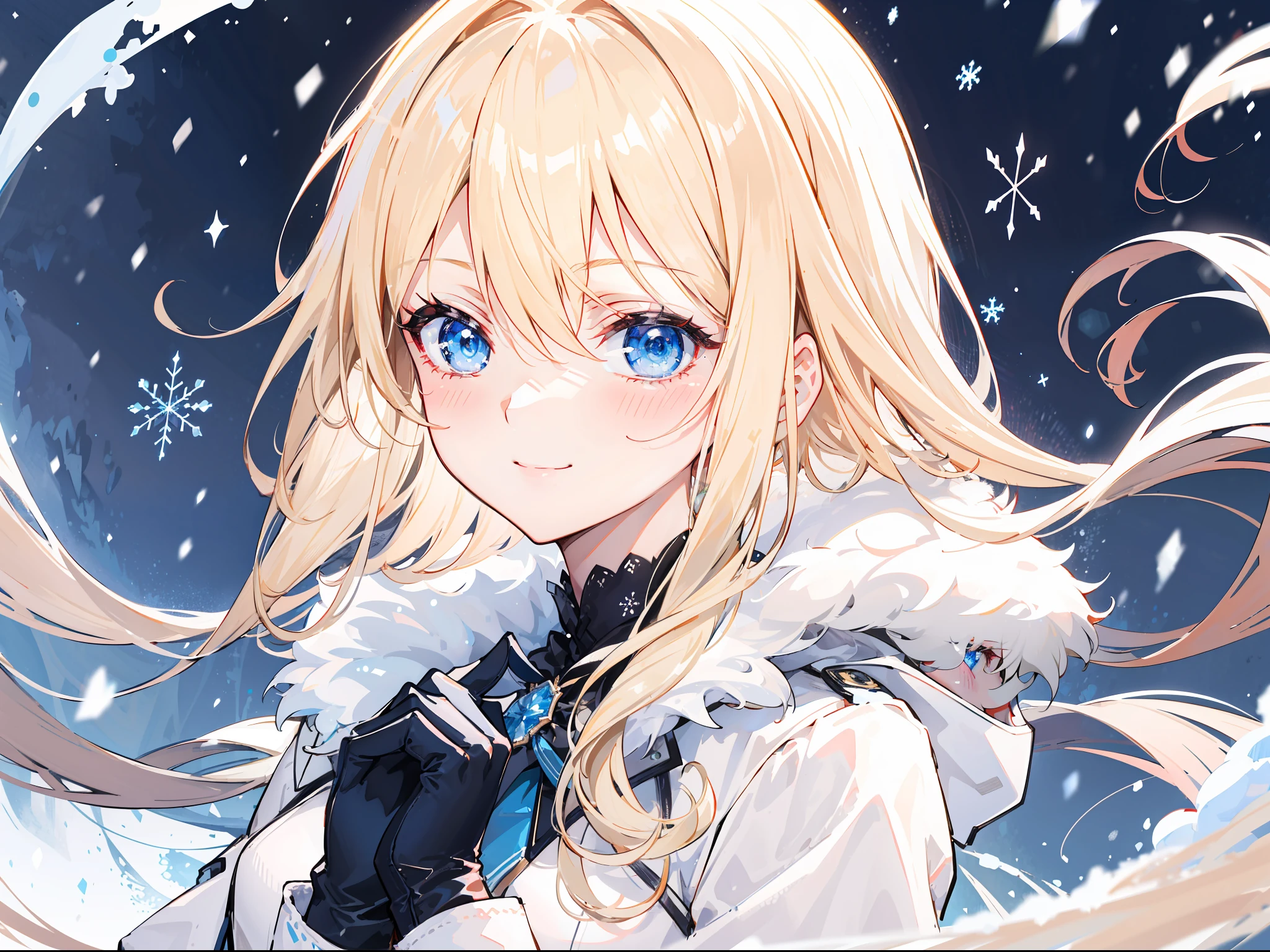 "Clam raining snow atmosphere, stunning 4k artwork featuring a confident elegant female long flowing vibrant light-blonde tied hair. Her eyes glowing blue. She sat elegantly and she smiling with blush, she was wearing a white snow modern coat and cute gloves, portrait"