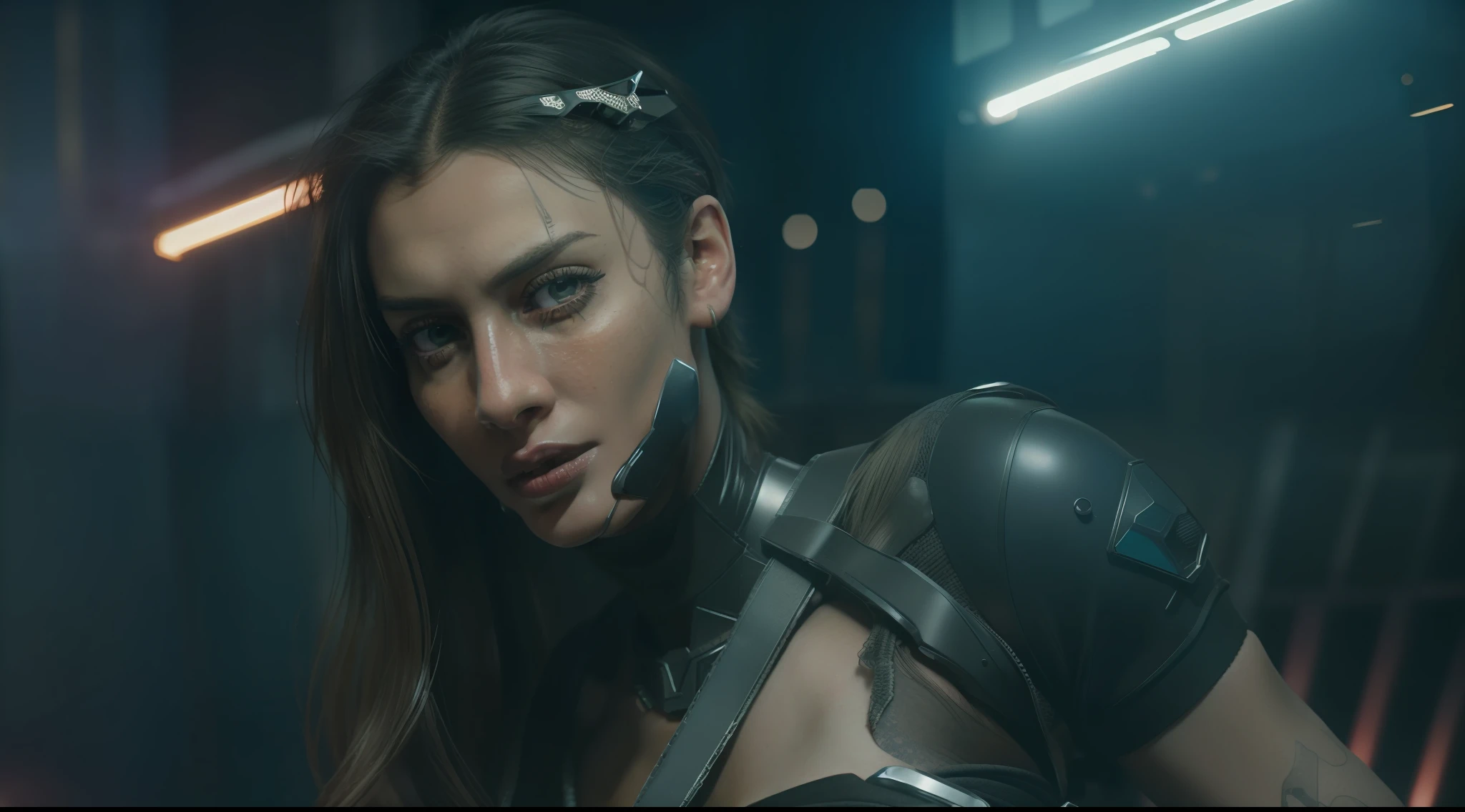 8k, ARTISTIC photography, best quality, masterpiece: 1.2), (realistic, photorealistic: 1.37), (((Rhea Ripley))) over-detailed, (high-detail skin: 1.2), 8k uhd, SLR camera, soft lighting, high quality, film grain, Arri Alexa, cinematic lighting, photonic display, brightness, physically rendered photo (80s style Aggressive Female villain in a nightclub), ( red neon sign background lights). over-detailed face, (((Rhea Ripley))), short hair, black, cybernetics (( dressed futuristic plated Tactical Harness)), ((( plated Tactical gear )), ((( intricate outfits))), posing, a cyberpunk nightclub with neon lights, dark nightclub, smoking (((pure 8K))), (((perfect ???????))), extremely high-quality graphics, Riddley Scott, Blade Runner, Denis villeneuve (((cinematic lighting))), ((clear details)), complex, highly detailed background,