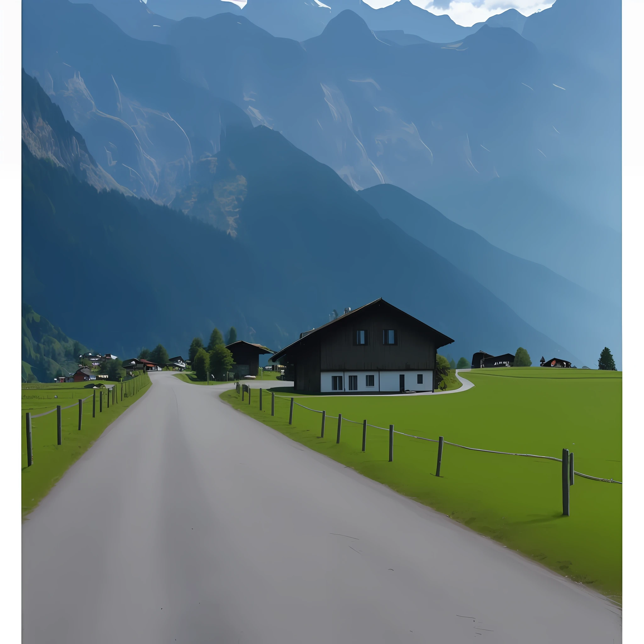 there is a long road that leads to a small farm, in the swiss alps, swiss alps, the alps are in the background, switzerland, lauterbrunnen valley, epic mountains in the background, very very beautiful scenery, very very very beautiful scenery, very beautiful scenery, germany. wide shot, houses and roads, mountains in the background, mountain in the background