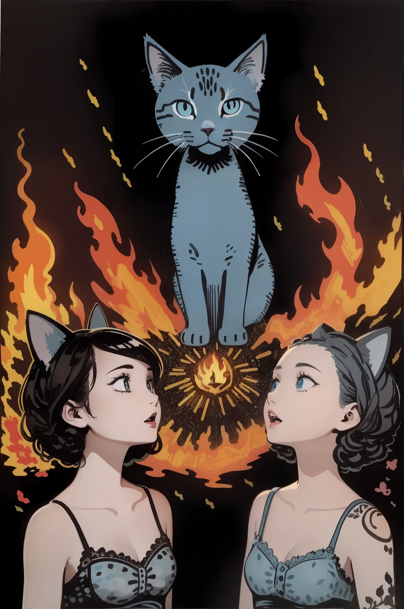 Best quality, tmasterpiece, A dark-haired, blue Cat eyes, head looking up, Upper body body，ink and watercolor painting，There was a fire burning all around