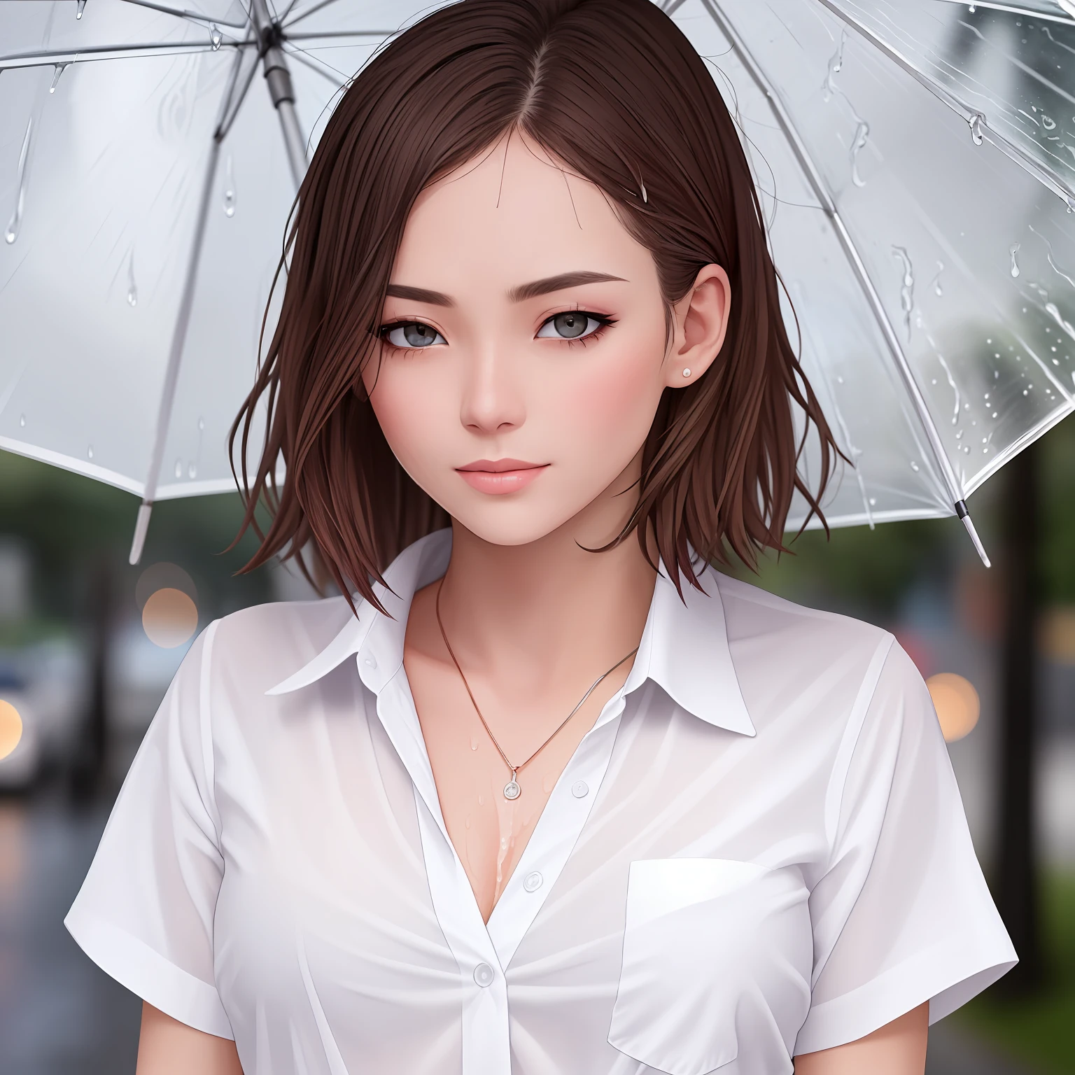 ((Best quality, 8k, Masterpiece: 1.3)), Sharp focus: 1.2, A beautiful woman with perfect body: 1.4, Slim abdomen: 1.2, ((Layered haircut, Large breasts: 1.2)), (no bra) (Small and beautiful hard nipple) (Thin and damp button up to shirt length: 1.1), (White shirt wet by rain), (Rain, Street: 1.2), Wet body: 1.1, Highly detailed face and skin texture, Detailed eyes, Double eyelid, tanned skin, sexy, tan