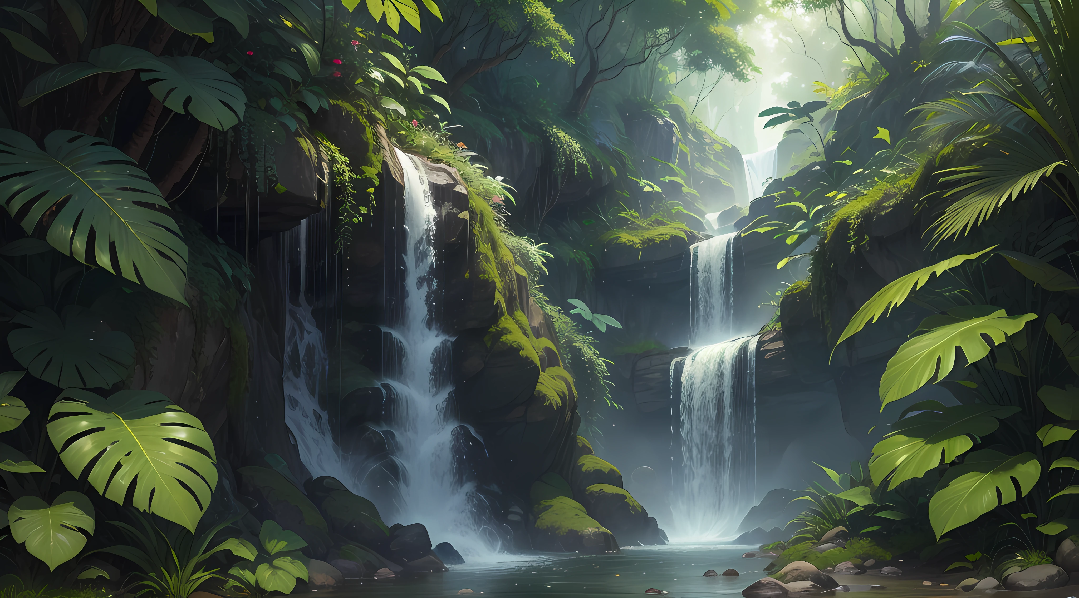 Create an immersive and captivating image of a tropical rainforest waterfall nestled within a lush jungle landscape. The camera should capture a medium shot that showcases the grandeur and beauty of the waterfall, framed by towering trees and vibrant foliage. The waterfall should be depicted in motion, with cascading water and mist creating a sense of movement and vitality. The lighting should be dappled, filtering through the dense canopy and casting soft, natural highlights on the waterfall and surrounding vegetation. Pay attention to the rich colors and textures of the jungle, emphasizing the diversity of plant life and the vibrant hues of green. This image should evoke a feeling of serenity, wonder, and the awe-inspiring power of nature.