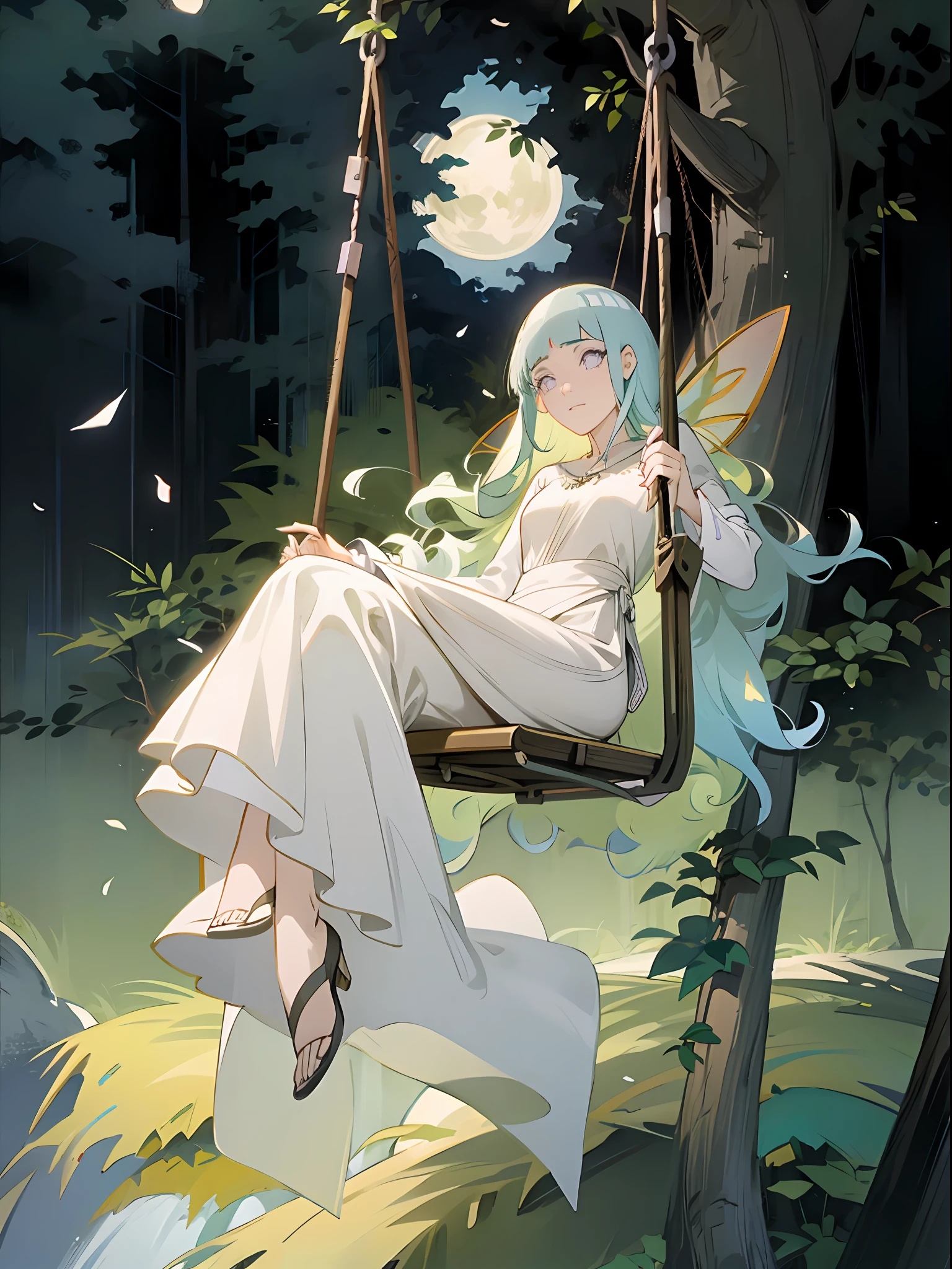 there is a woman sitting on a swing in the woods, anime fantasy illustration, goddess of the forest, galadriel, in the art style of bowater, fairy-tale illustration style, fantasy art style, goddess of the moon, goddess of nature, alphonse mucha and rossdraws, official art, fey queen of the summer forest, ethereal anime, blunt bangs, dark blue hair, purple eyes
