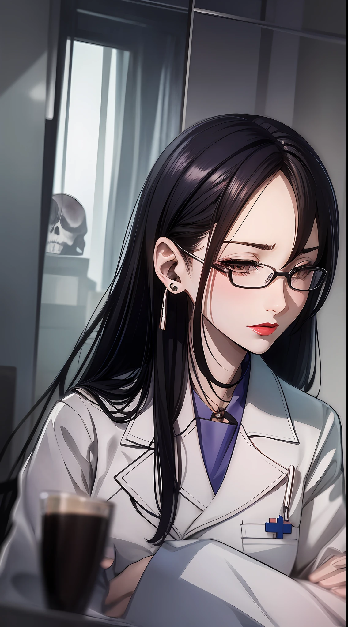 A woman (holding and looking at a skull: 1.9), the skull in her hand, the woman is tall, dressing like a medic, with a white coat, long black hair with part of it (behind the ear: 1.9), eyes lime green semi closed, a sad face, heavy makeup, eye shadows, red lipstick, pale skin, in the dark, light above her, sit in a chair, in a doctor medic office,