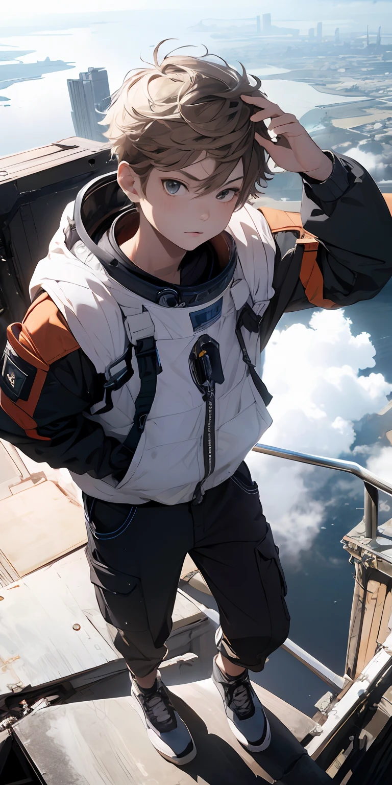 absurd resolution, high resolution, (masterpiece: 1.4), ultra-detailed, 1boy, from above, space, floating