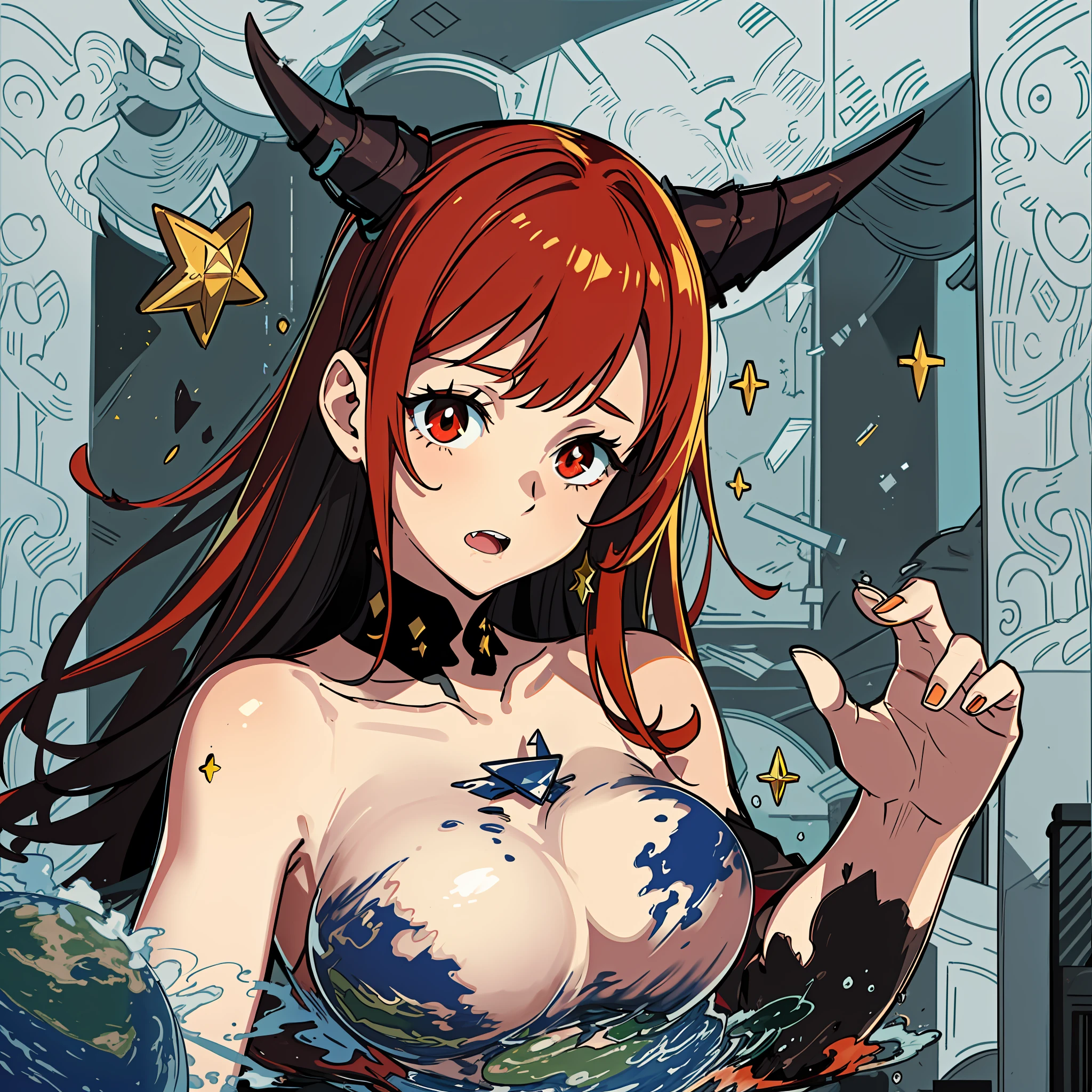 Redhead, Demon, Female, Two-dimensional, Devil, Long horn, Short and medium hair, cute, Red robe, pentagram, six-pointed star, different pupil, tiger teeth
