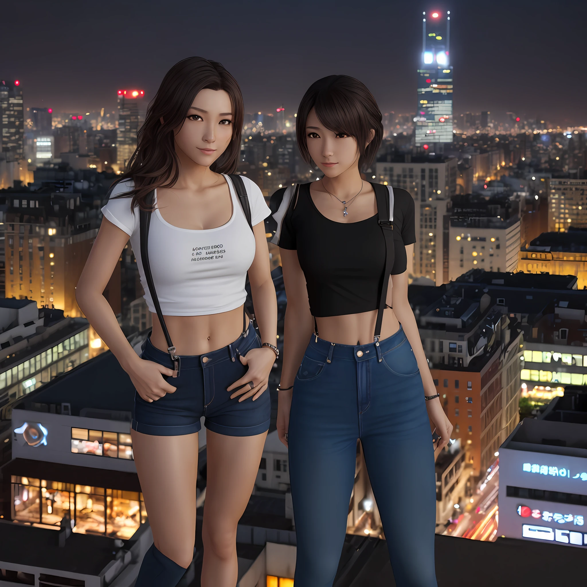 ((midynight, Need, 8k, tmasterpiece:1.3)), full bodyesbian, Long legs, Focalors:1.2, perfect figure beautiful woman:1.4, Slim abs:1.1, ((Dark brown hair, hugetits:1.5 )), (white tight t-shirt, Denim suspenders, standingn:1.2), ((city night scene, roofto:1.3)), Highly detailed facial and skin texture, well-detailed eyes, 二重まぶた --auto