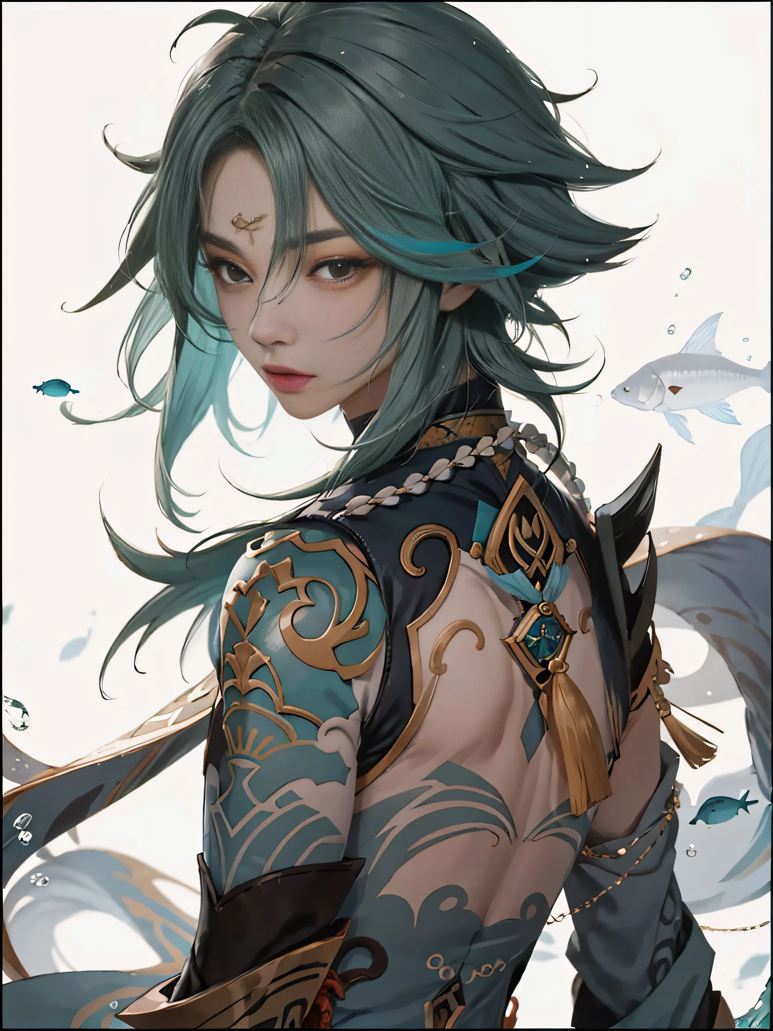 （realisticlying，The photograph，Clear hair，8K）Genshin Impact，Genshin，The fish in Genshin，Ray，Water magic，Handsome man，电影灯光，
