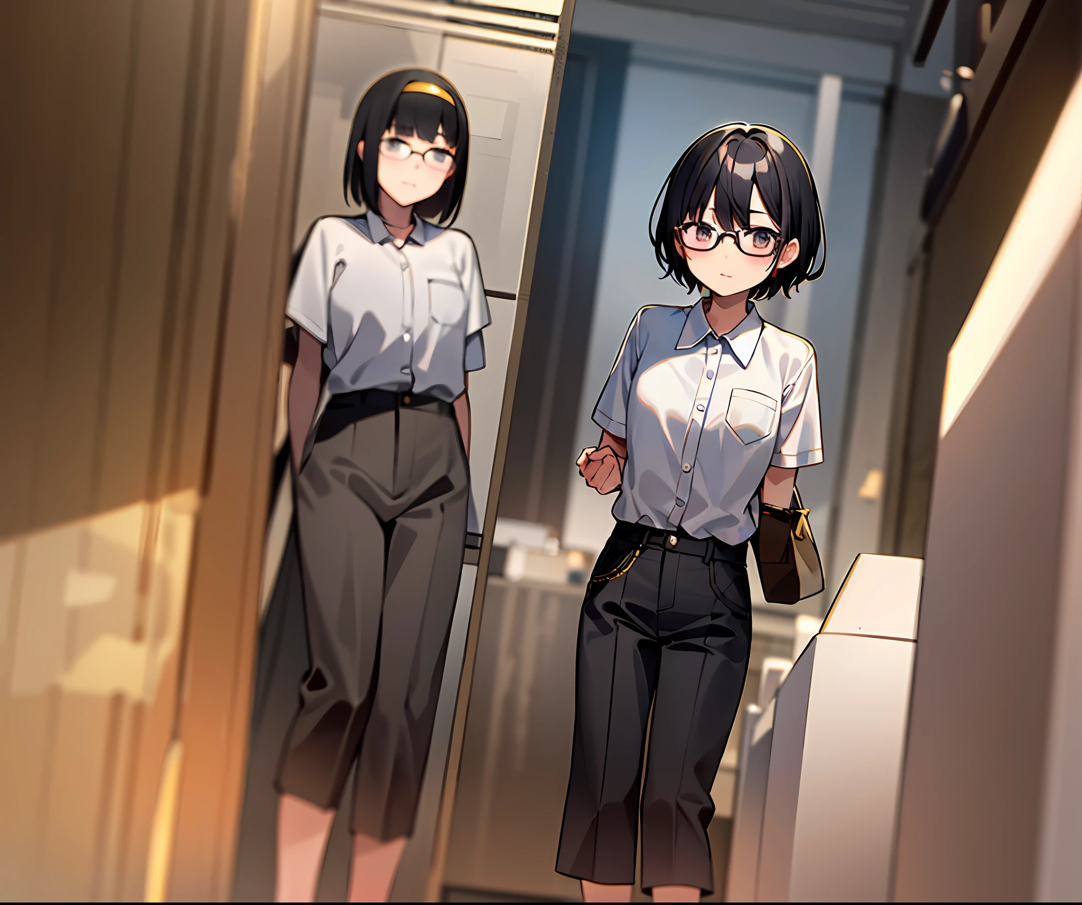 Short hair, gold glasses, white black hair, girl, young, loli, Higuchi Tsuka